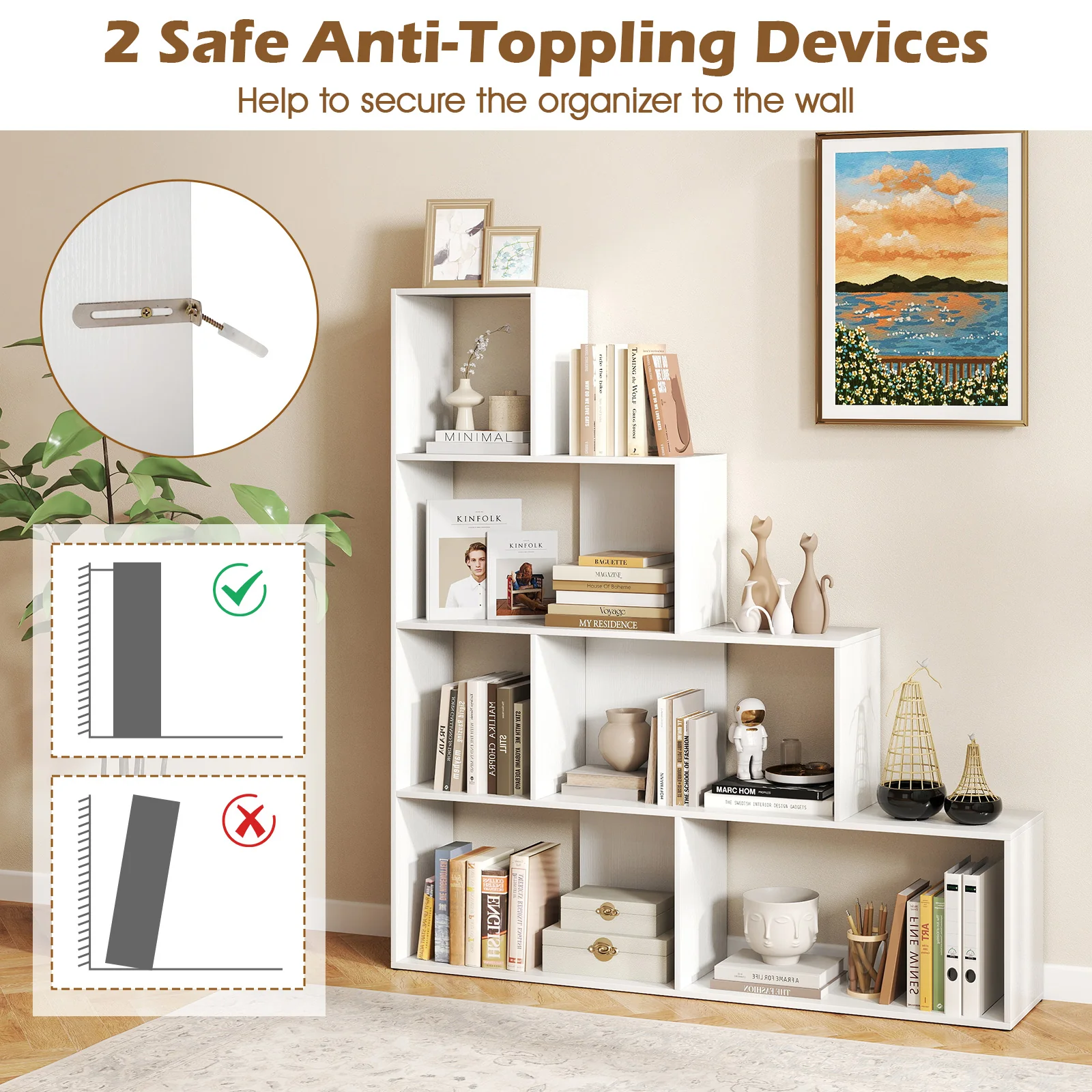 4-Tier Bookshelf, 6 Cube Display Rack, White - Image 10