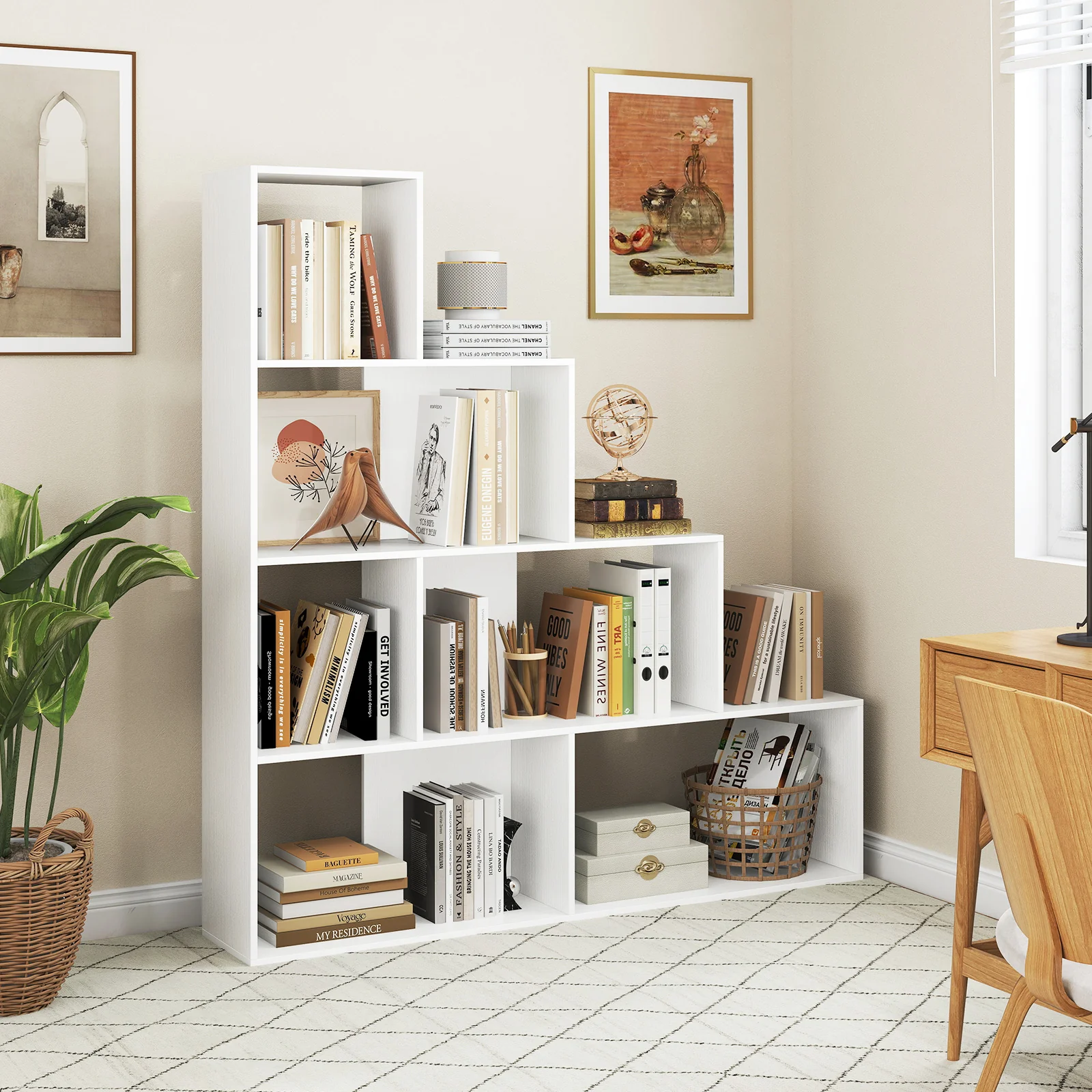 4-Tier Bookshelf, 6 Cube Display Rack, White - Image 6
