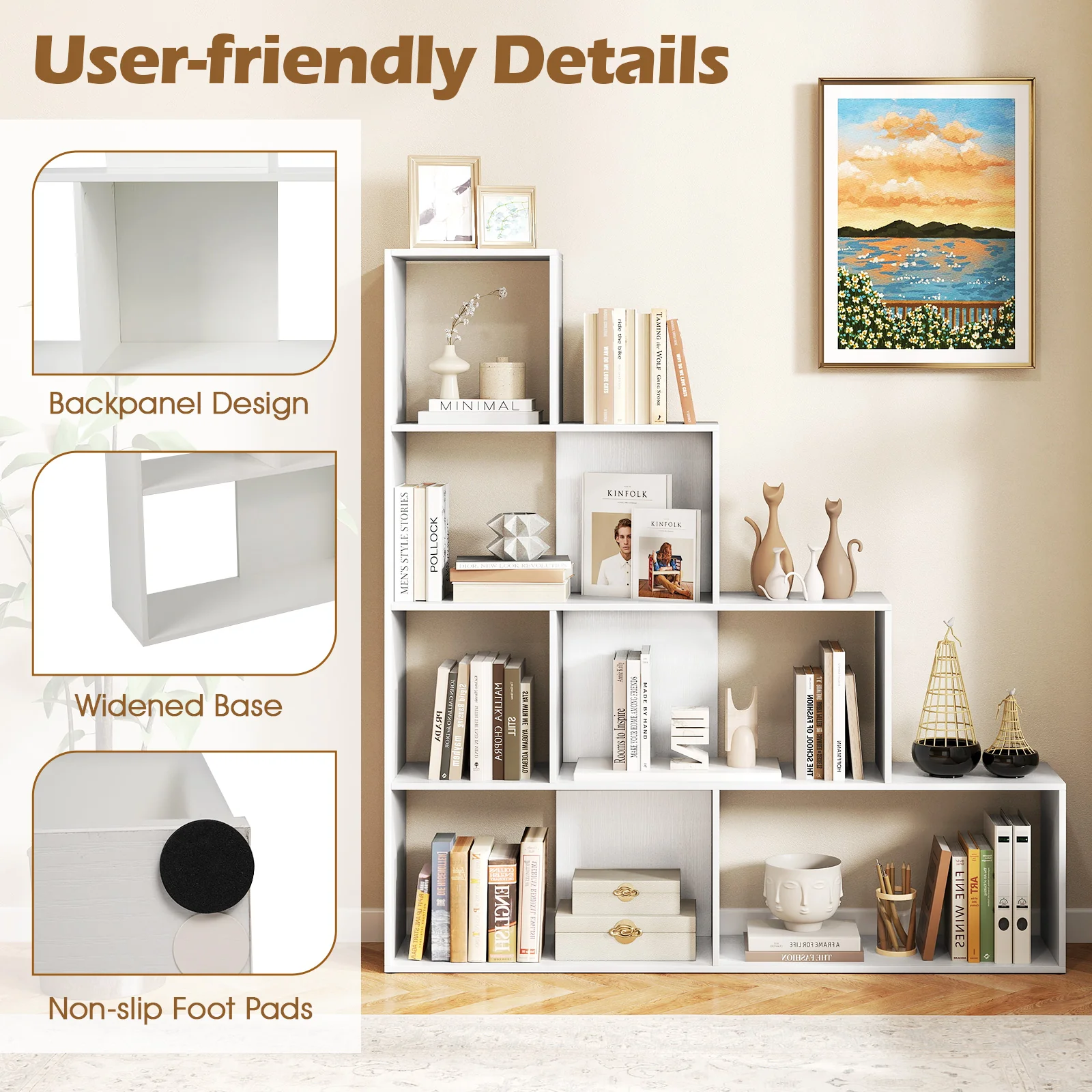 4-Tier Bookshelf, 6 Cube Display Rack, White - Image 8