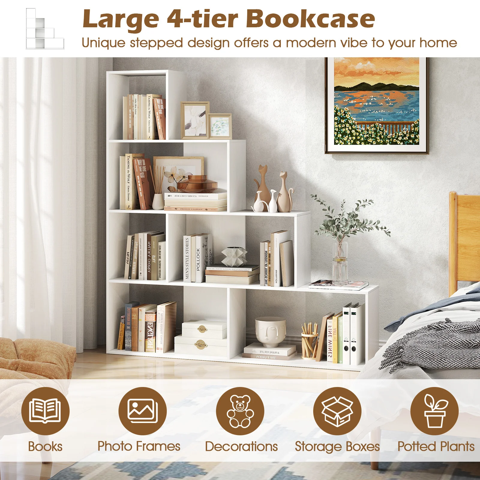 4-Tier Bookshelf, 6 Cube Display Rack, White - Image 9