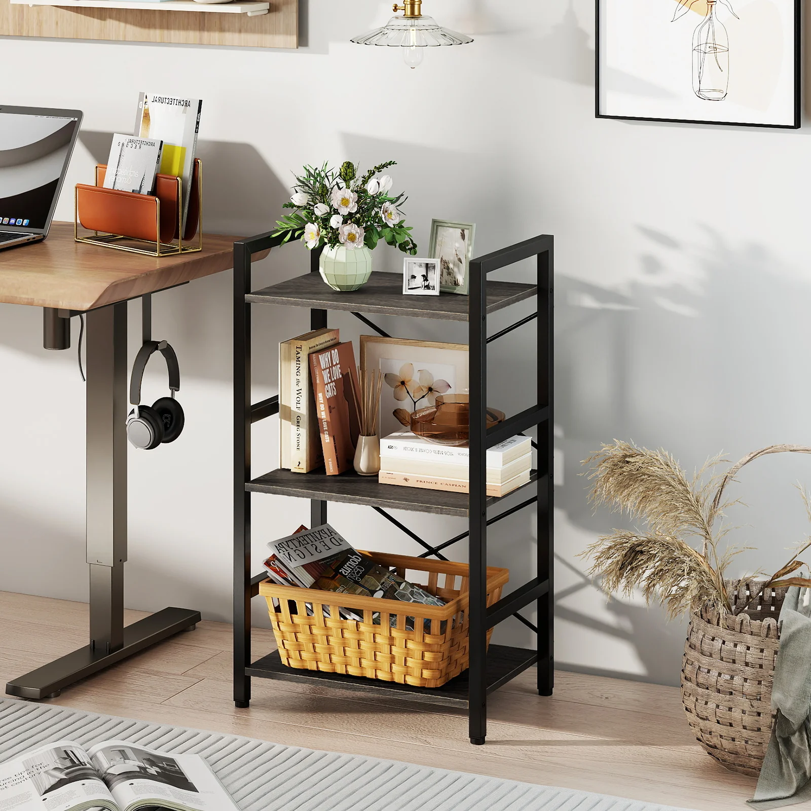 4-Tier Bookshelf, Metal Frame, Wooden Racks, For Study, Oak - Image 2