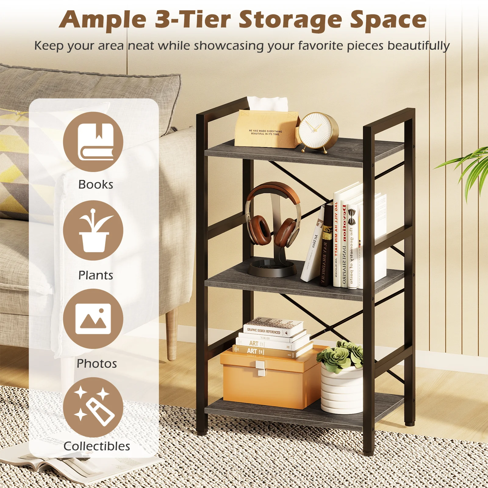 4-Tier Bookshelf, Metal Frame, Wooden Racks, For Study, Oak - Image 6