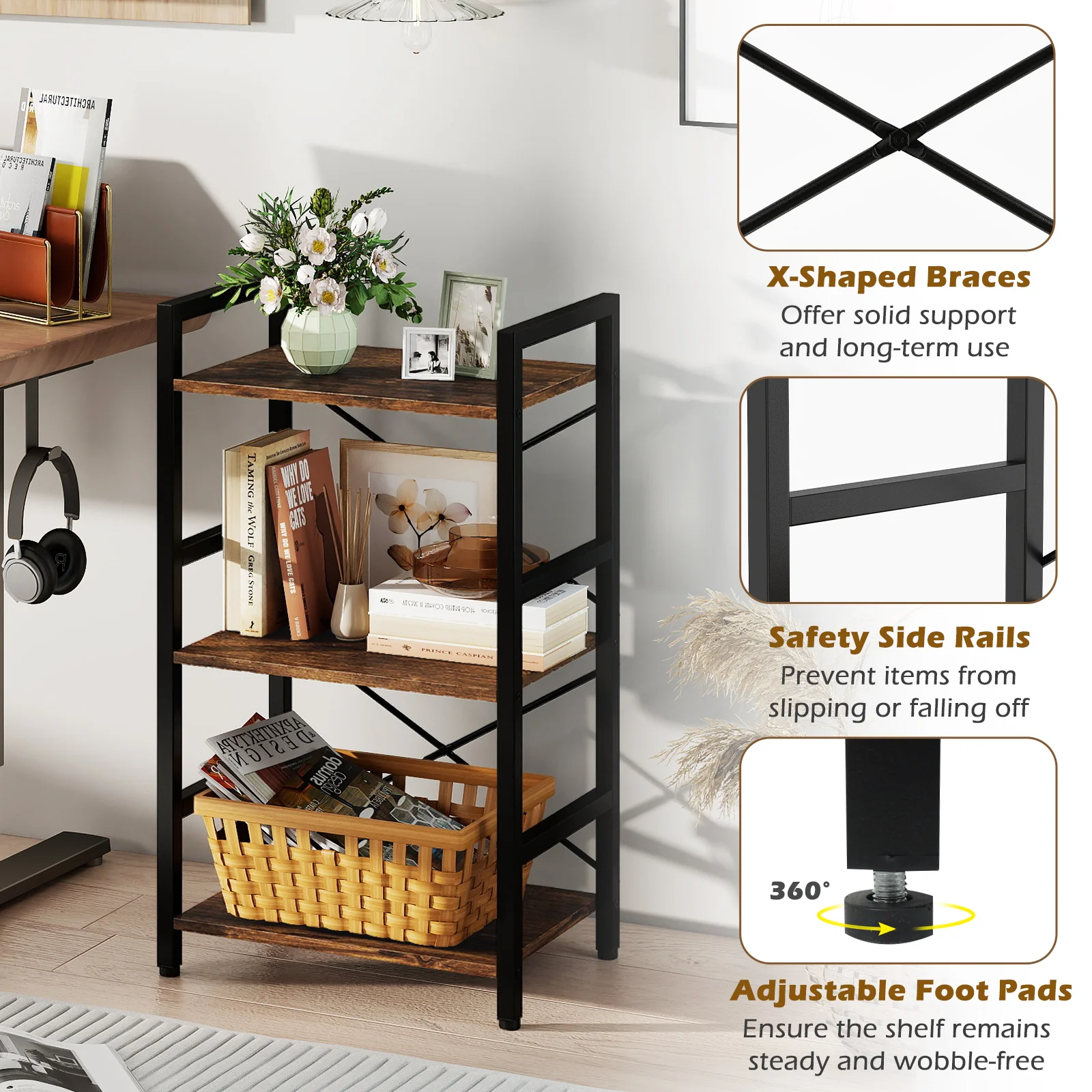 4-Tier Bookshelf, Metal Frame, Wooden Racks, Rustic Brown - Image 5