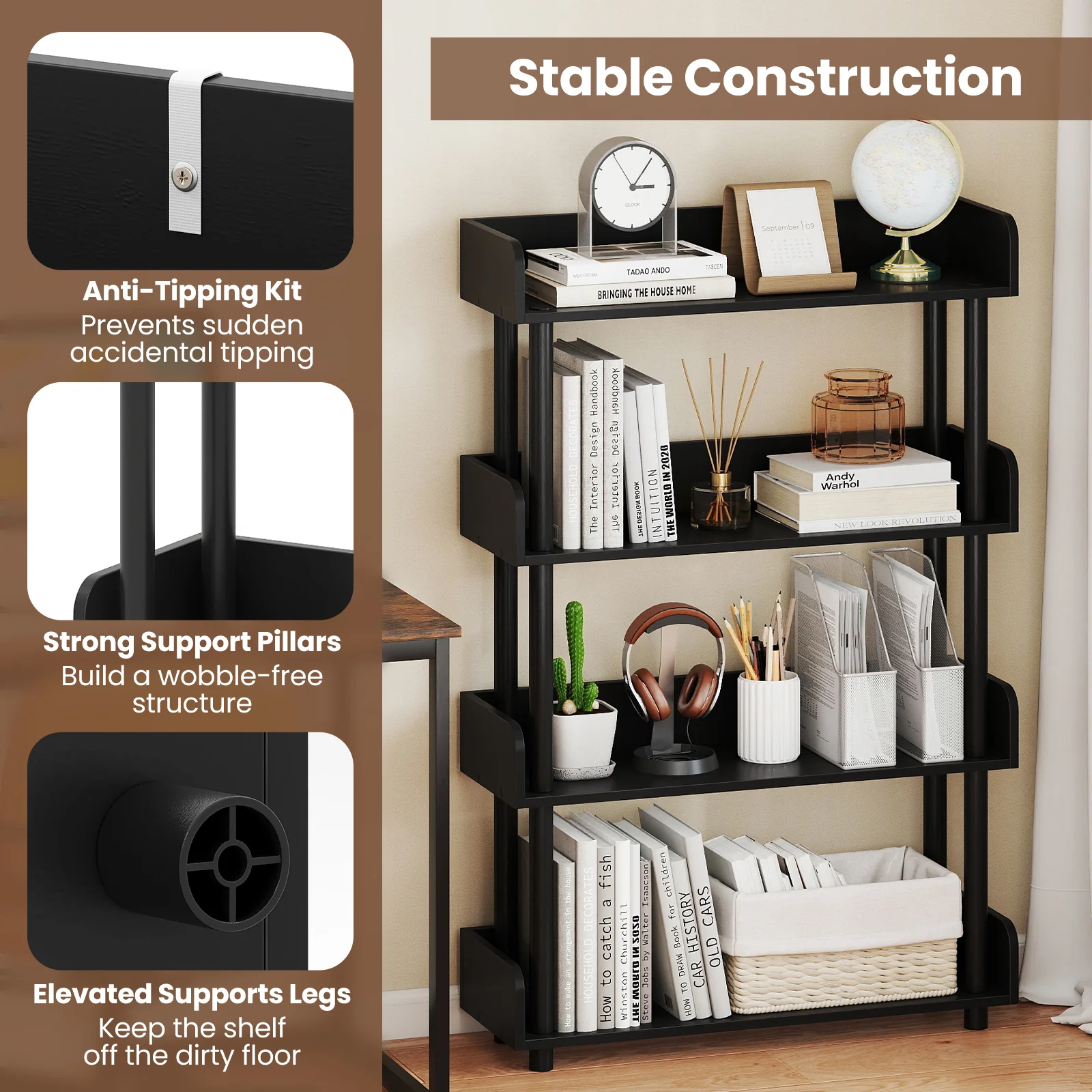 4-Tier Bookshelf Open Bookcase with Anti-Tipping Kit Industrial Storage Unit, Black - Image 10