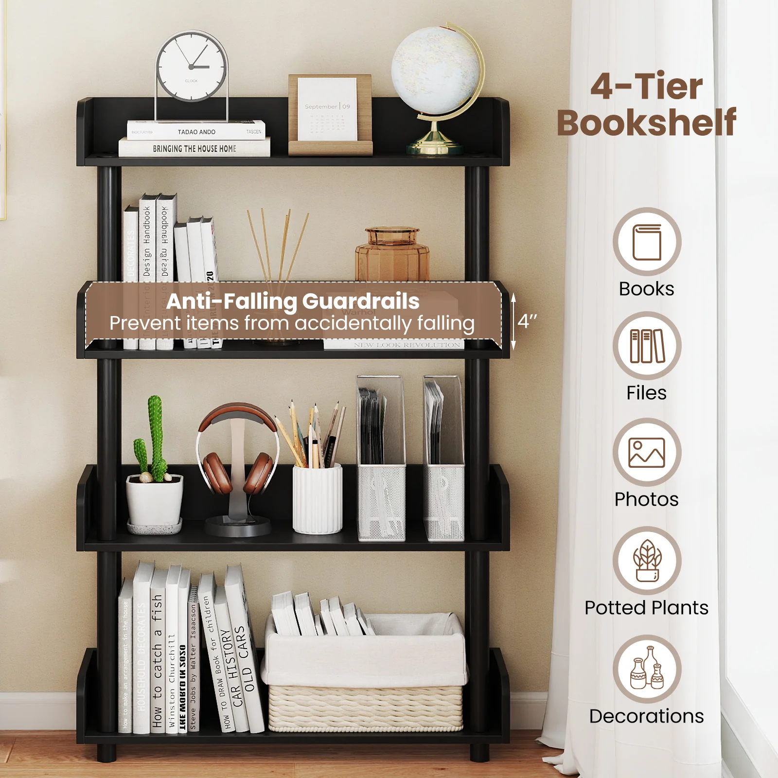 4-Tier Bookshelf Open Bookcase with Anti-Tipping Kit Industrial Storage Unit, Black - Image 9