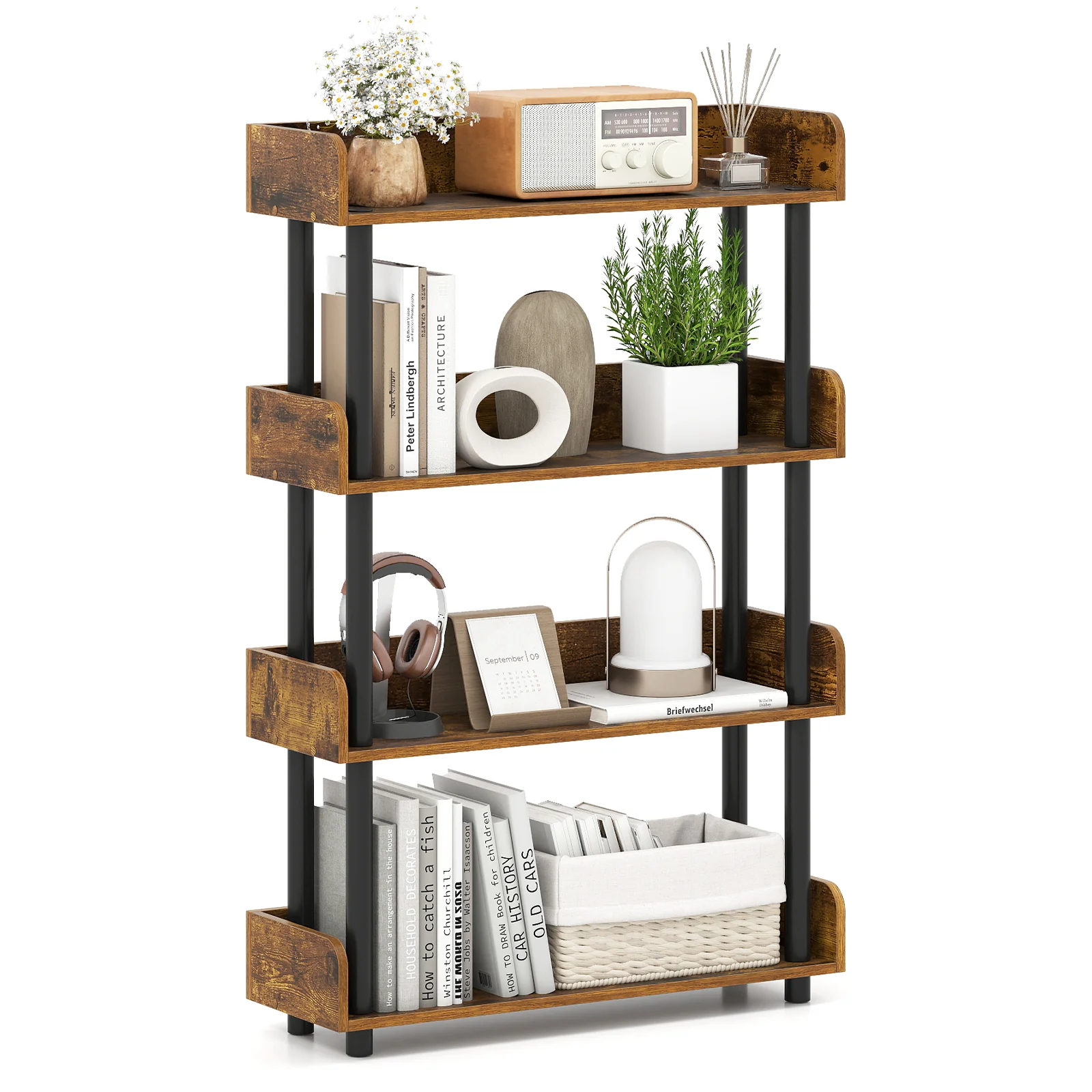 4-Tier Bookshelf Open Bookcase with Anti-Tipping Kit Industrial Storage Unit, Rustic Brown