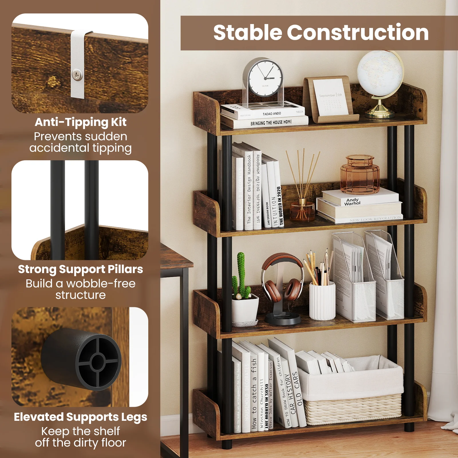 4-Tier Bookshelf Open Bookcase with Anti-Tipping Kit Industrial Storage Unit, Rustic Brown - Image 10