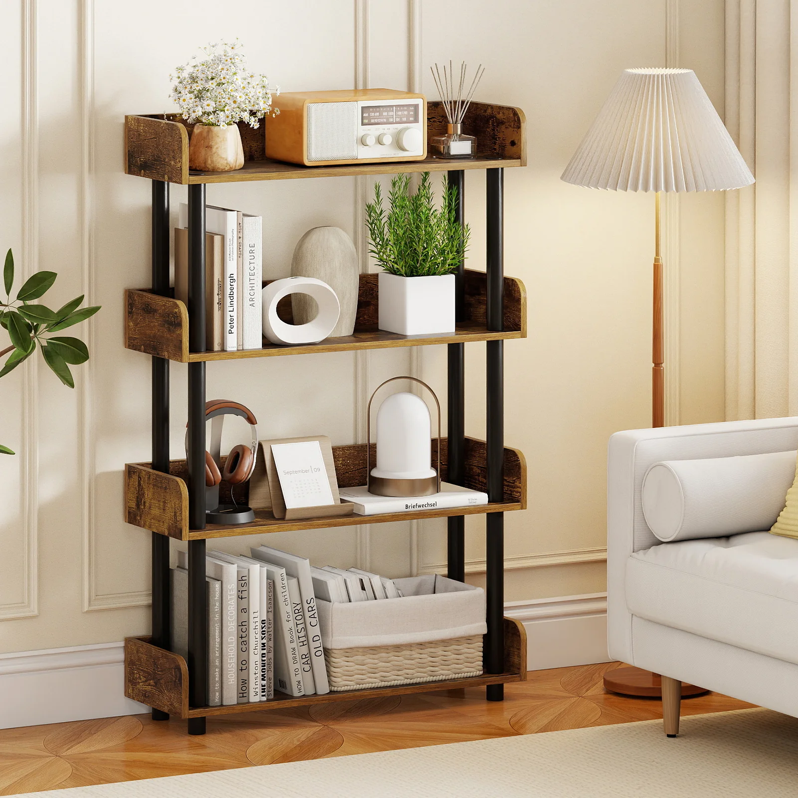 4-Tier Bookshelf Open Bookcase with Anti-Tipping Kit Industrial Storage Unit, Rustic Brown - Image 2