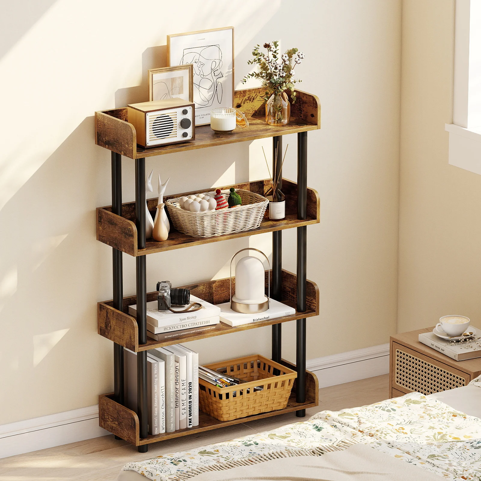 4-Tier Bookshelf Open Bookcase with Anti-Tipping Kit Industrial Storage Unit, Rustic Brown - Image 3