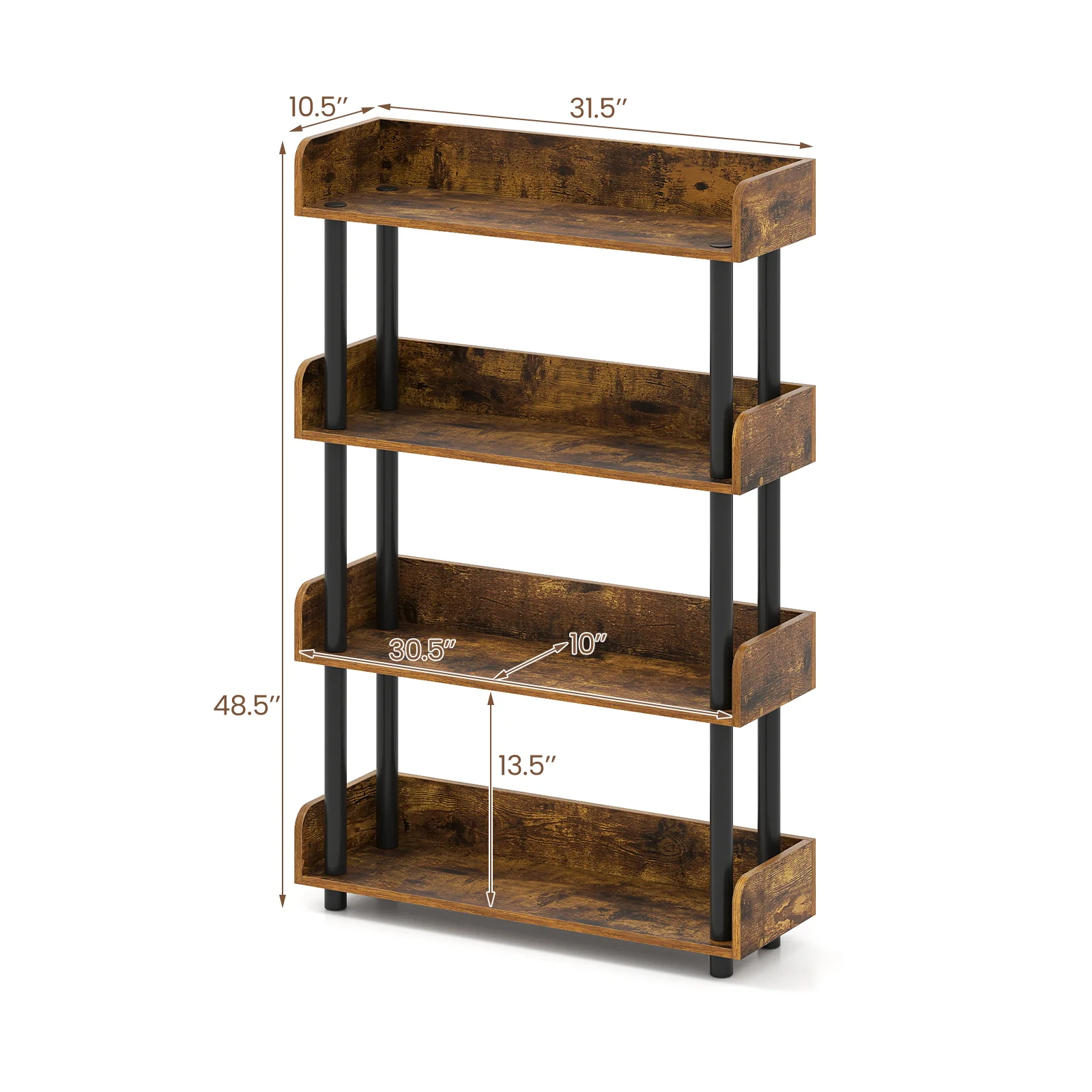 4-Tier Bookshelf Open Bookcase with Anti-Tipping Kit Industrial Storage Unit, Rustic Brown - Image 6