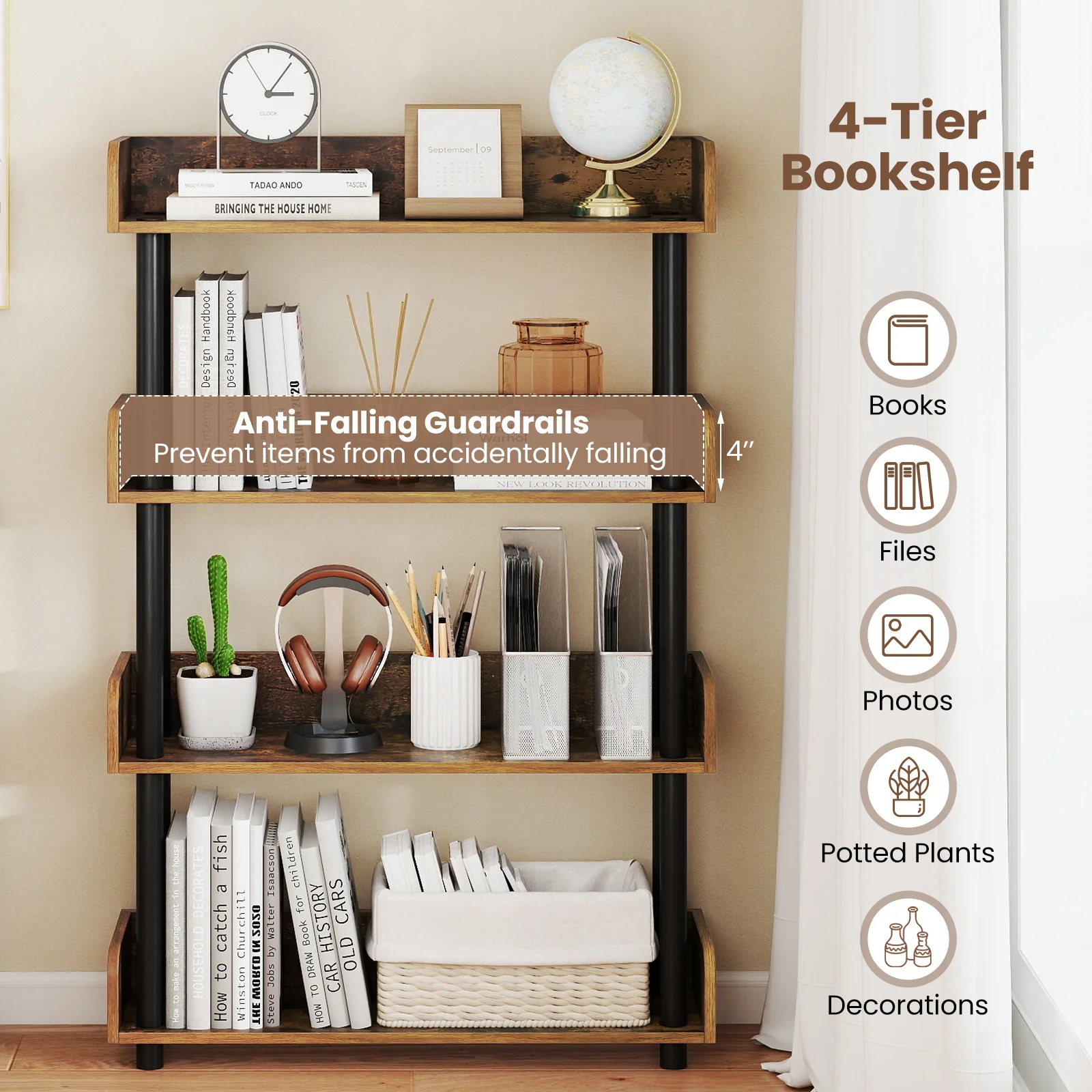 4-Tier Bookshelf Open Bookcase with Anti-Tipping Kit Industrial Storage Unit, Rustic Brown - Image 9