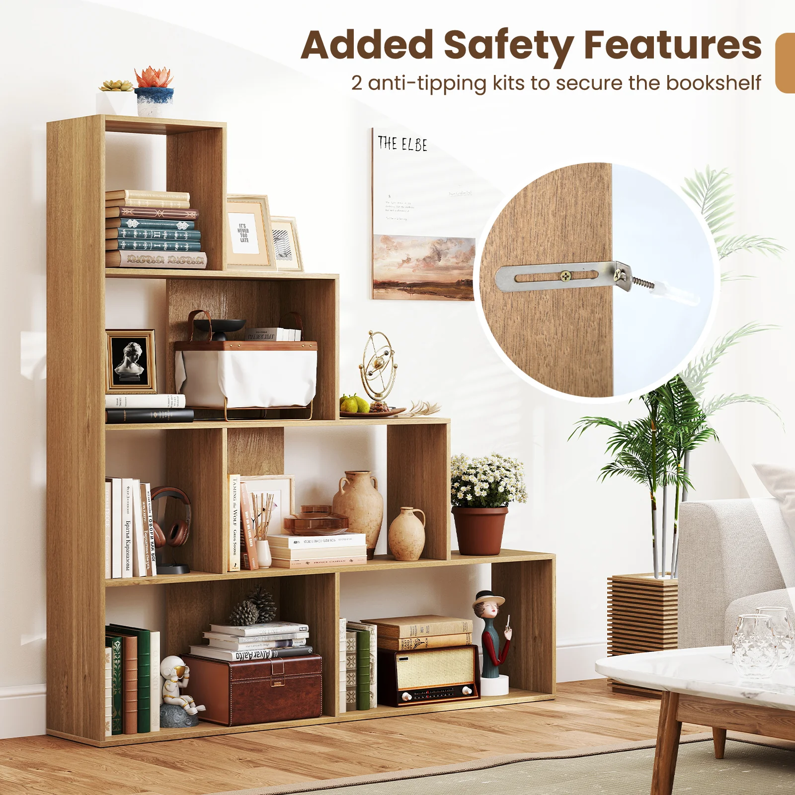 4-Tier Bookshelf Stair Bookcase, 6 Cube Display Rack, Natural - Image 10