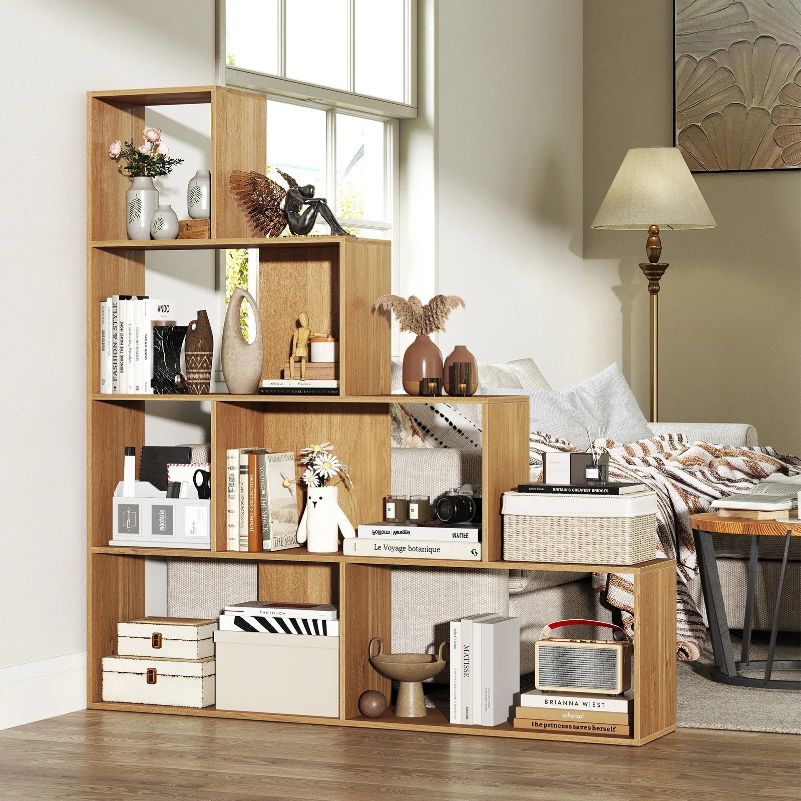 4-Tier Bookshelf Stair Bookcase, 6 Cube Display Rack, Natural - Image 2