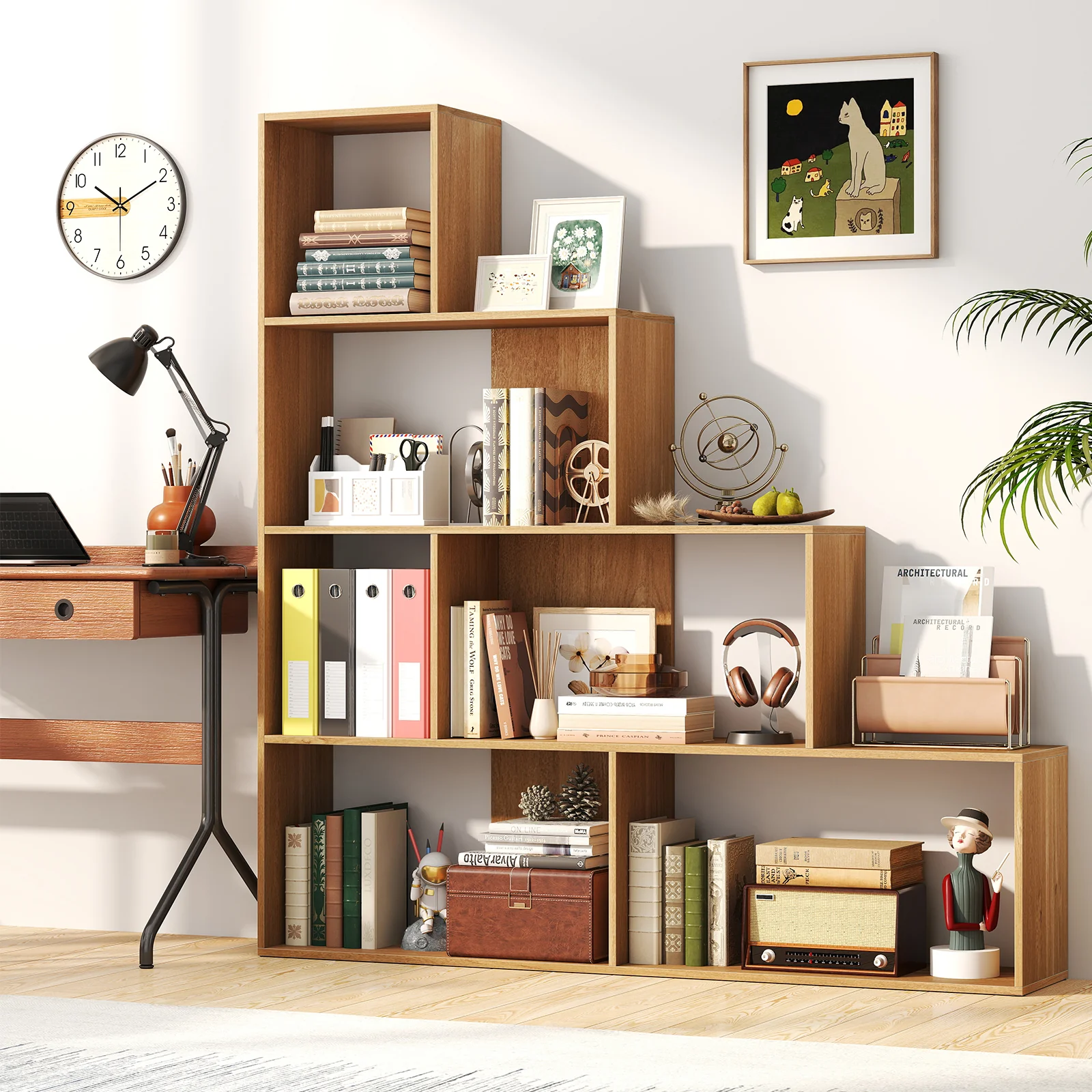 4-Tier Bookshelf Stair Bookcase, 6 Cube Display Rack, Natural - Image 3