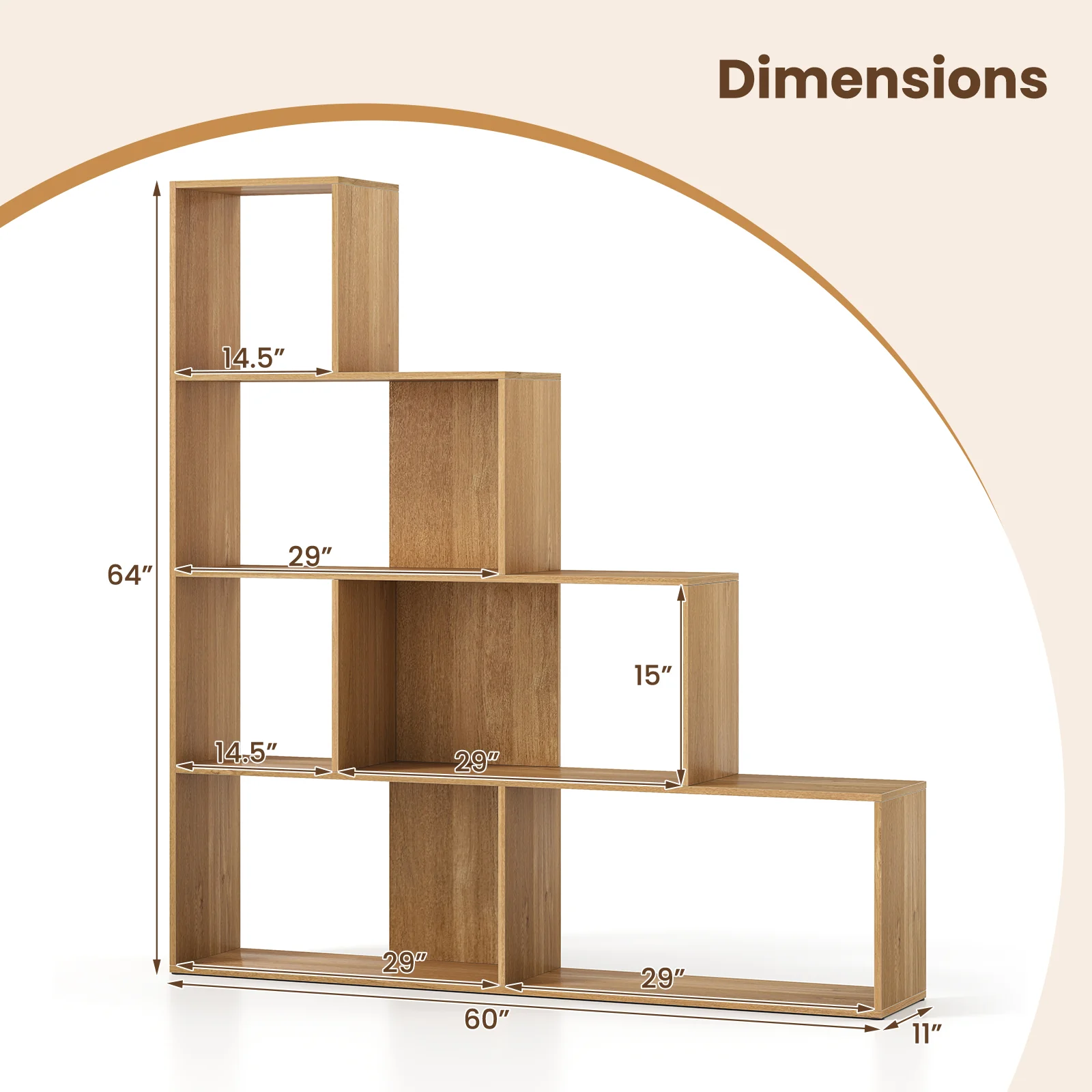 4-Tier Bookshelf Stair Bookcase, 6 Cube Display Rack, Natural - Image 6