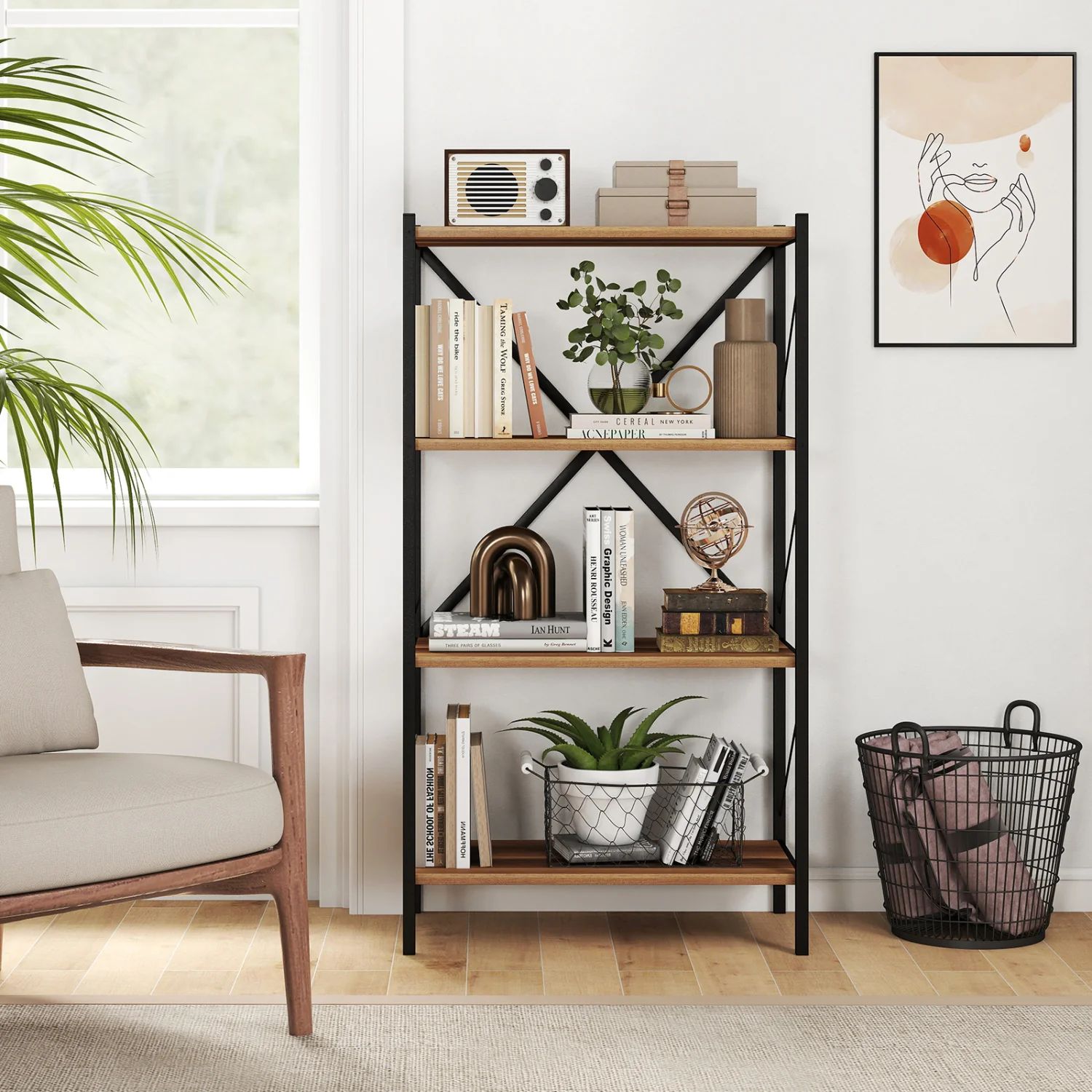 4-Tier Bookshelf with Heavy-Duty Metal Frame, Walnut - Image 2