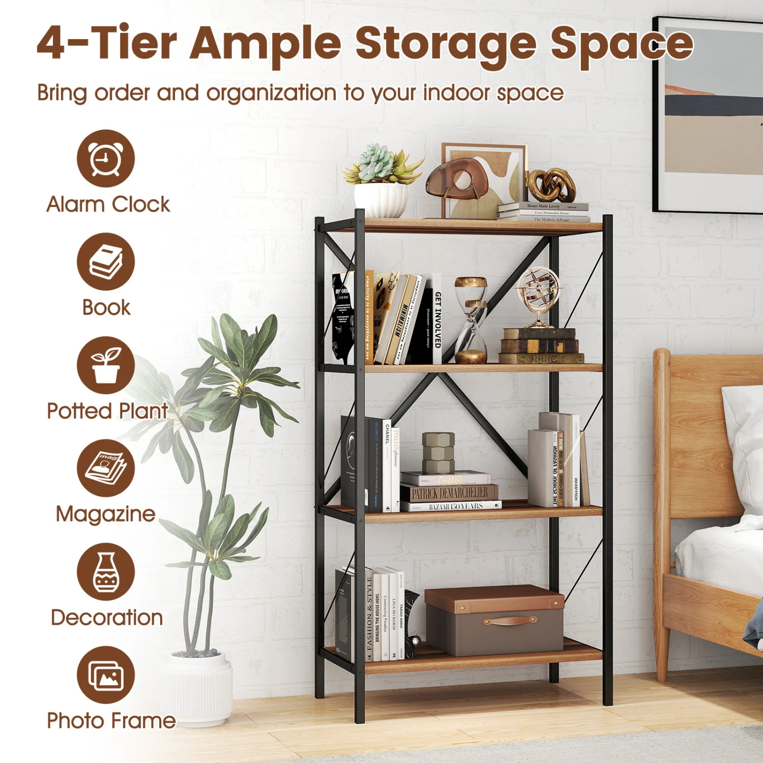 4-Tier Bookshelf with Heavy-Duty Metal Frame, Walnut - Image 9