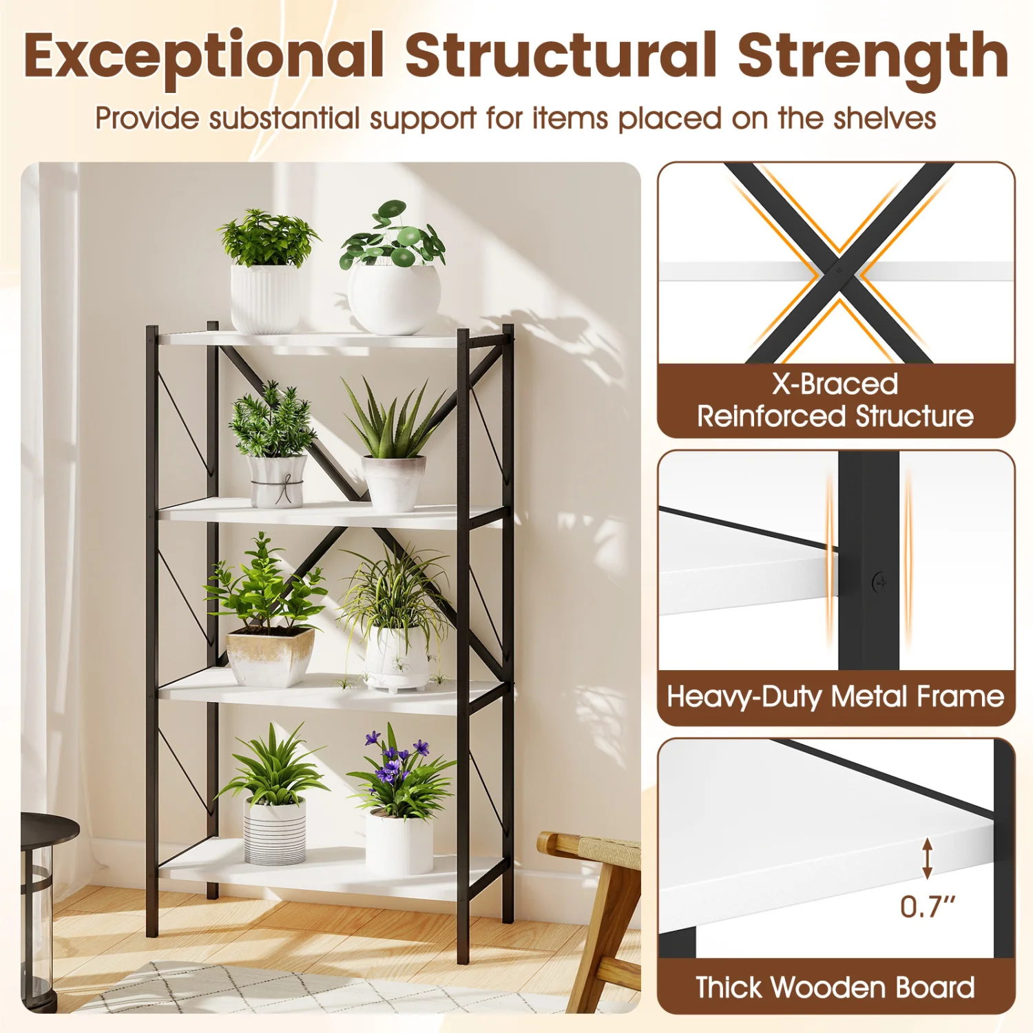 4-Tier Bookshelf with Heavy-Duty Metal Frame, White - Image 10