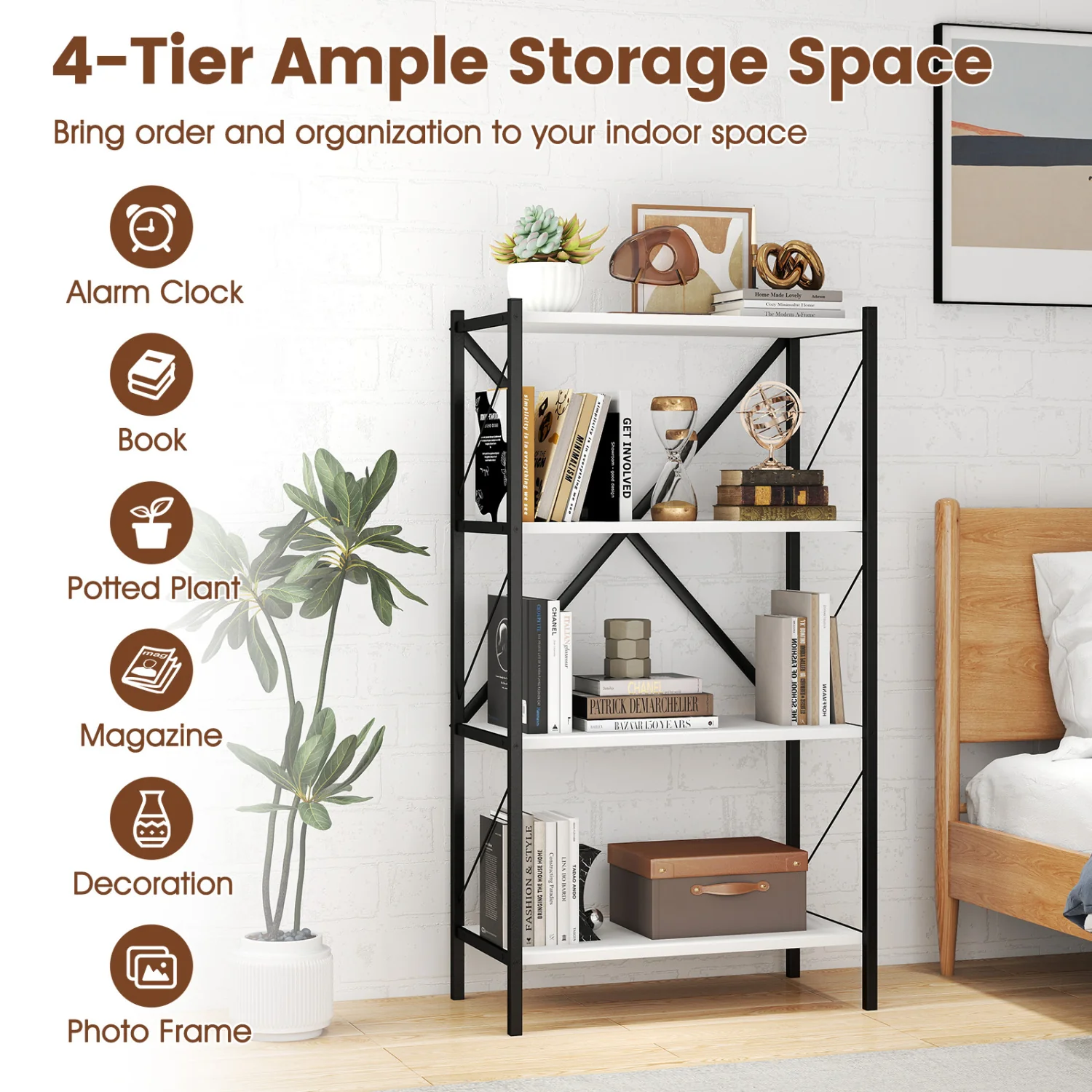 4-Tier Bookshelf with Heavy-Duty Metal Frame, White - Image 9