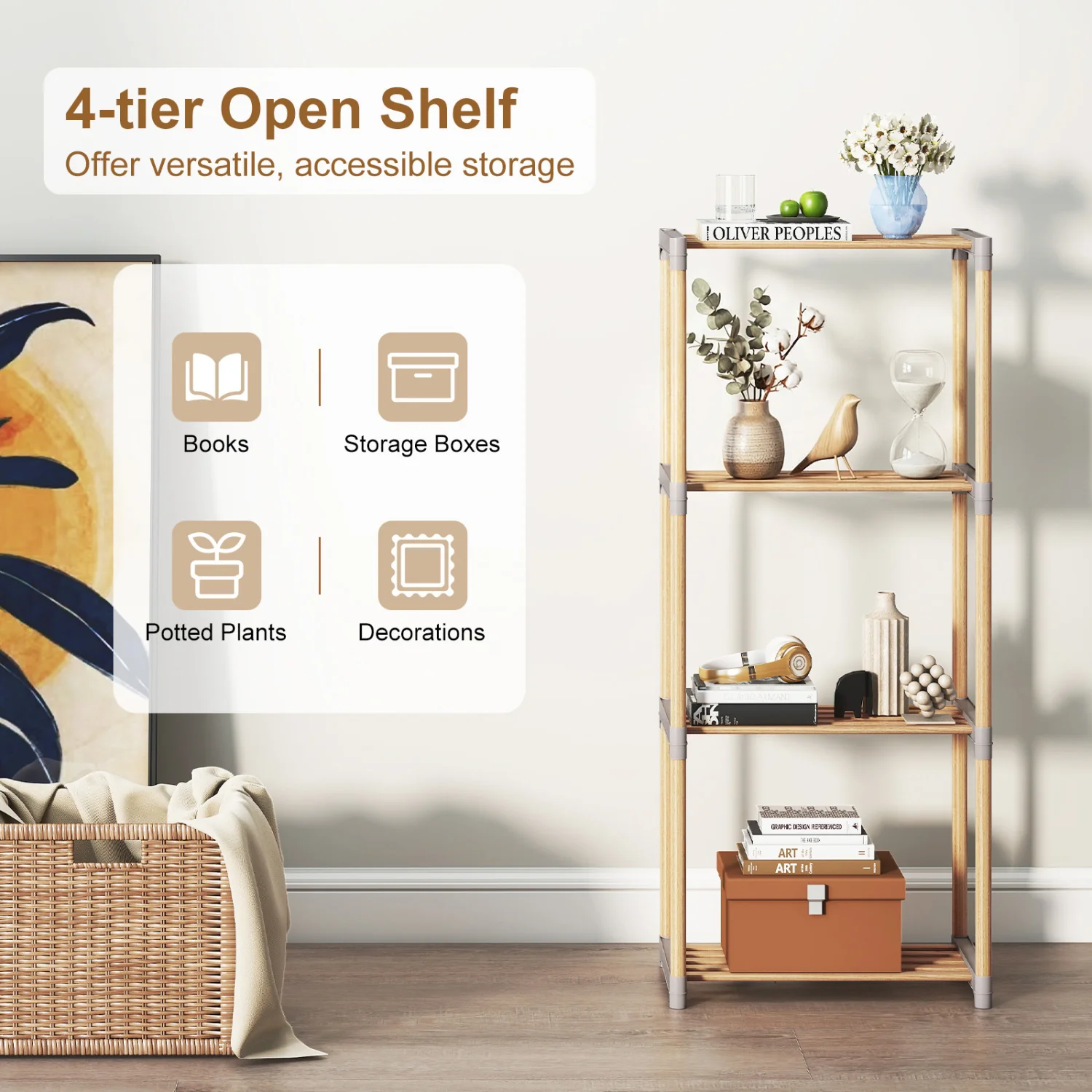 4-Tier Bookshelf With Open Shelves, Home Office Bathroom - Image 8