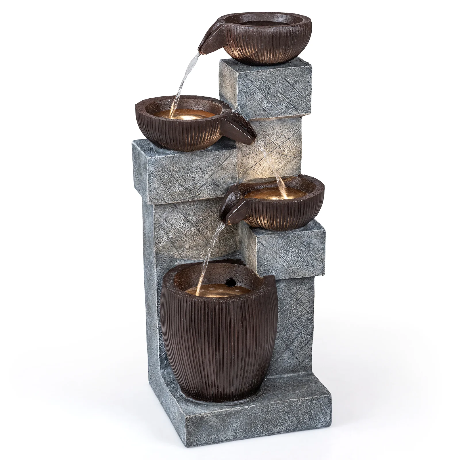 4-Tier Cascading Bowl Outdoor Water Fountain With LED Lights