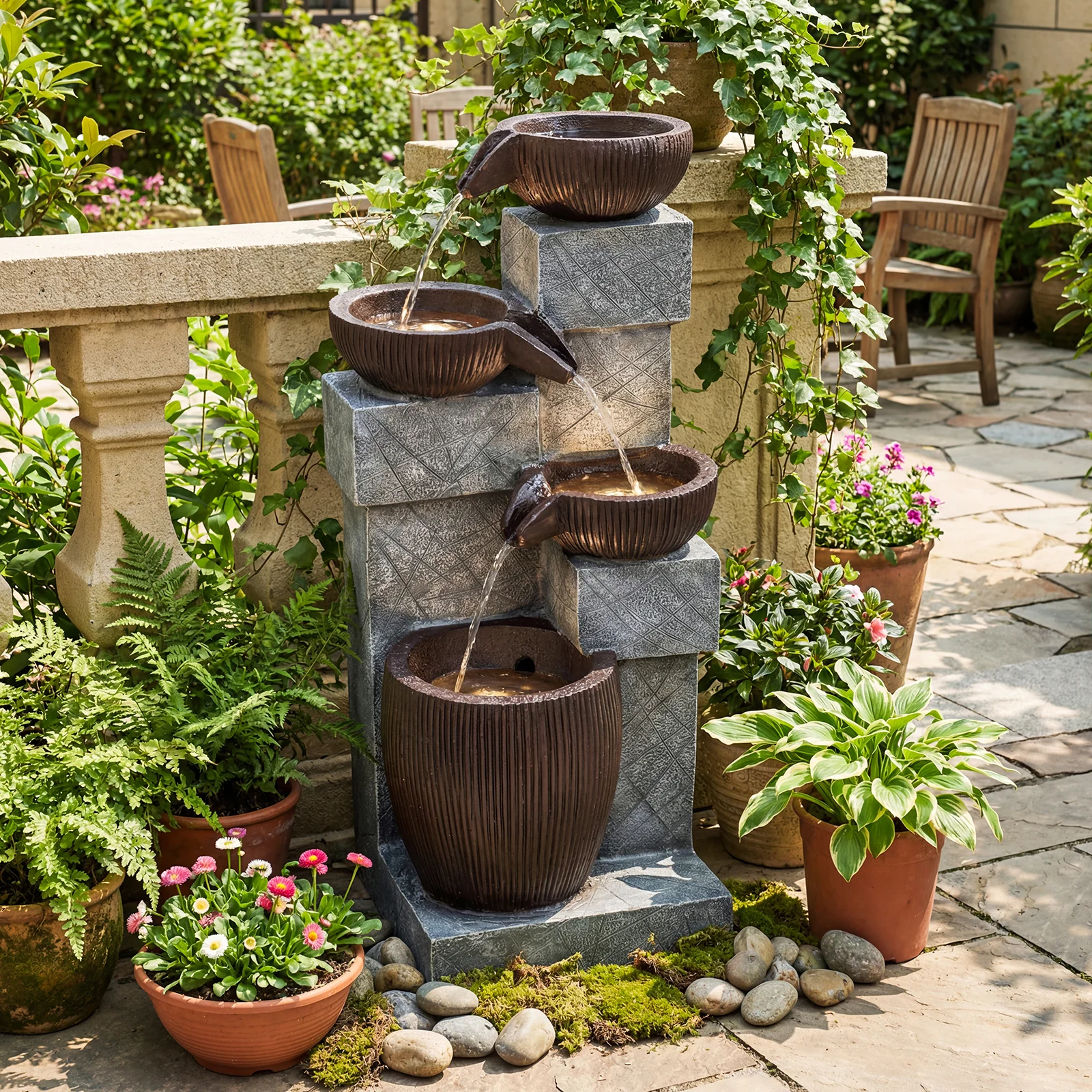 4-Tier Cascading Bowl Outdoor Water Fountain With LED Lights - Image 2