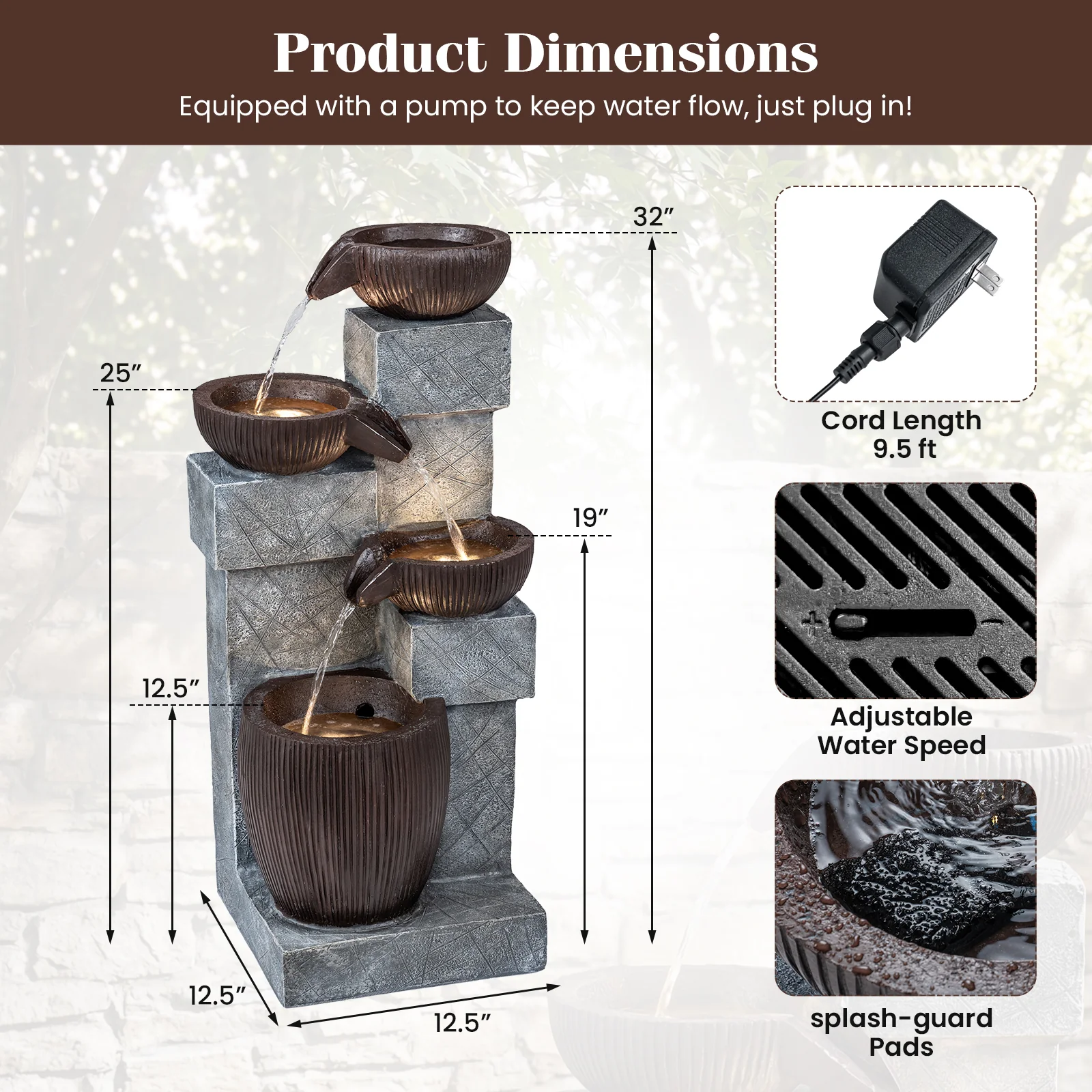 4-Tier Cascading Bowl Outdoor Water Fountain With LED Lights - Image 4