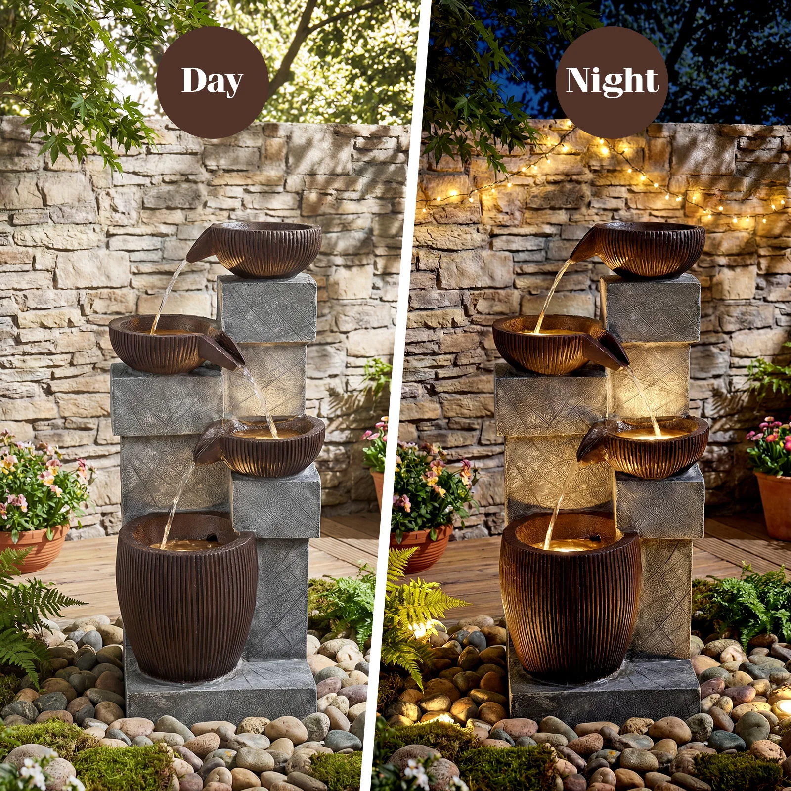 4-Tier Cascading Bowl Outdoor Water Fountain With LED Lights - Image 6
