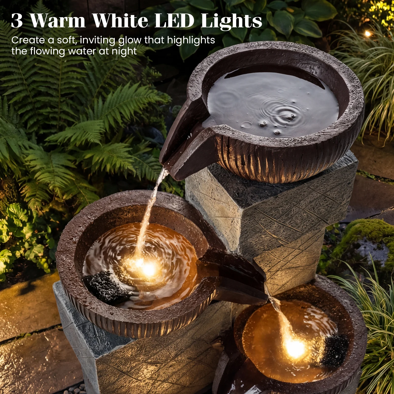 4-Tier Cascading Bowl Outdoor Water Fountain With LED Lights - Image 7