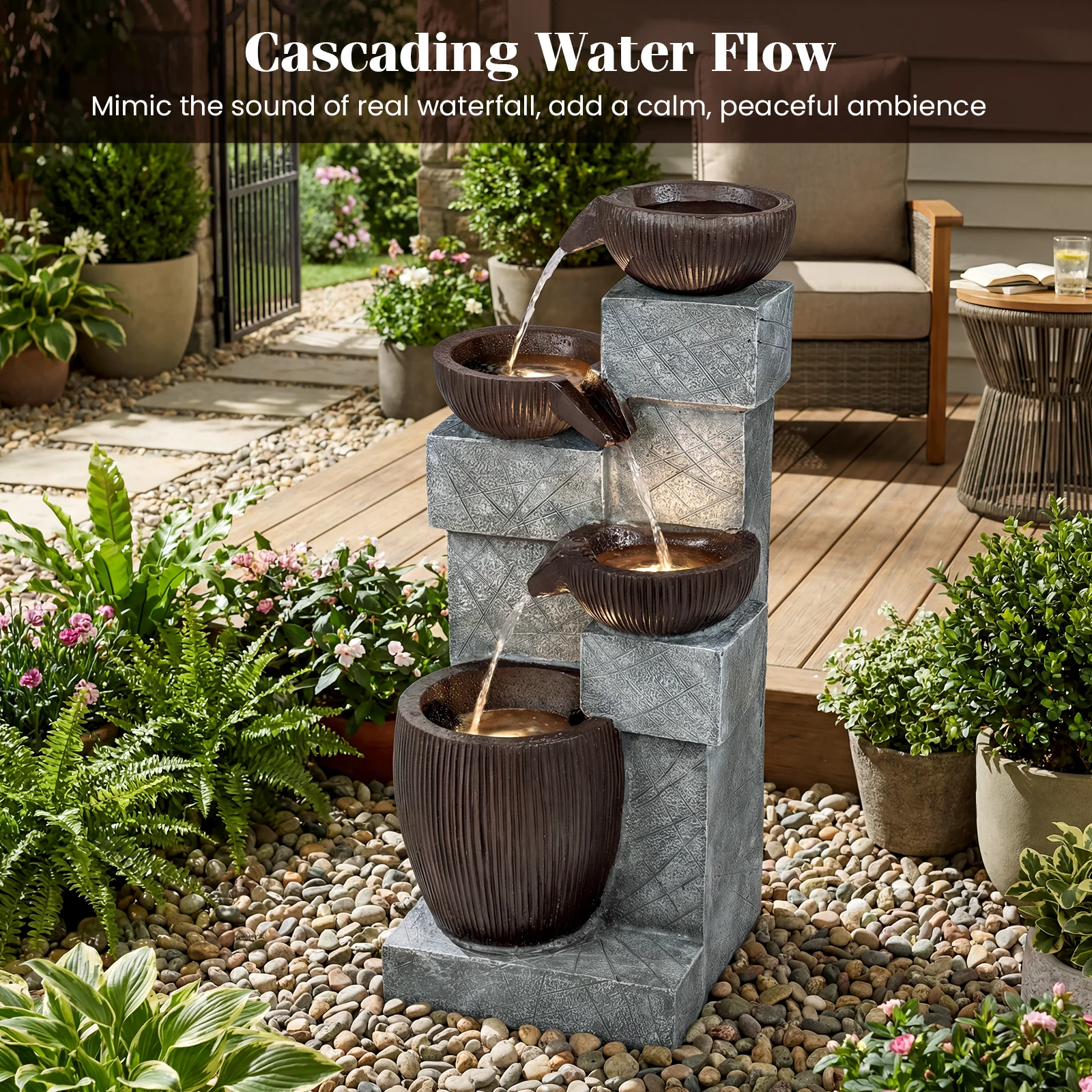 4-Tier Cascading Bowl Outdoor Water Fountain With LED Lights - Image 8