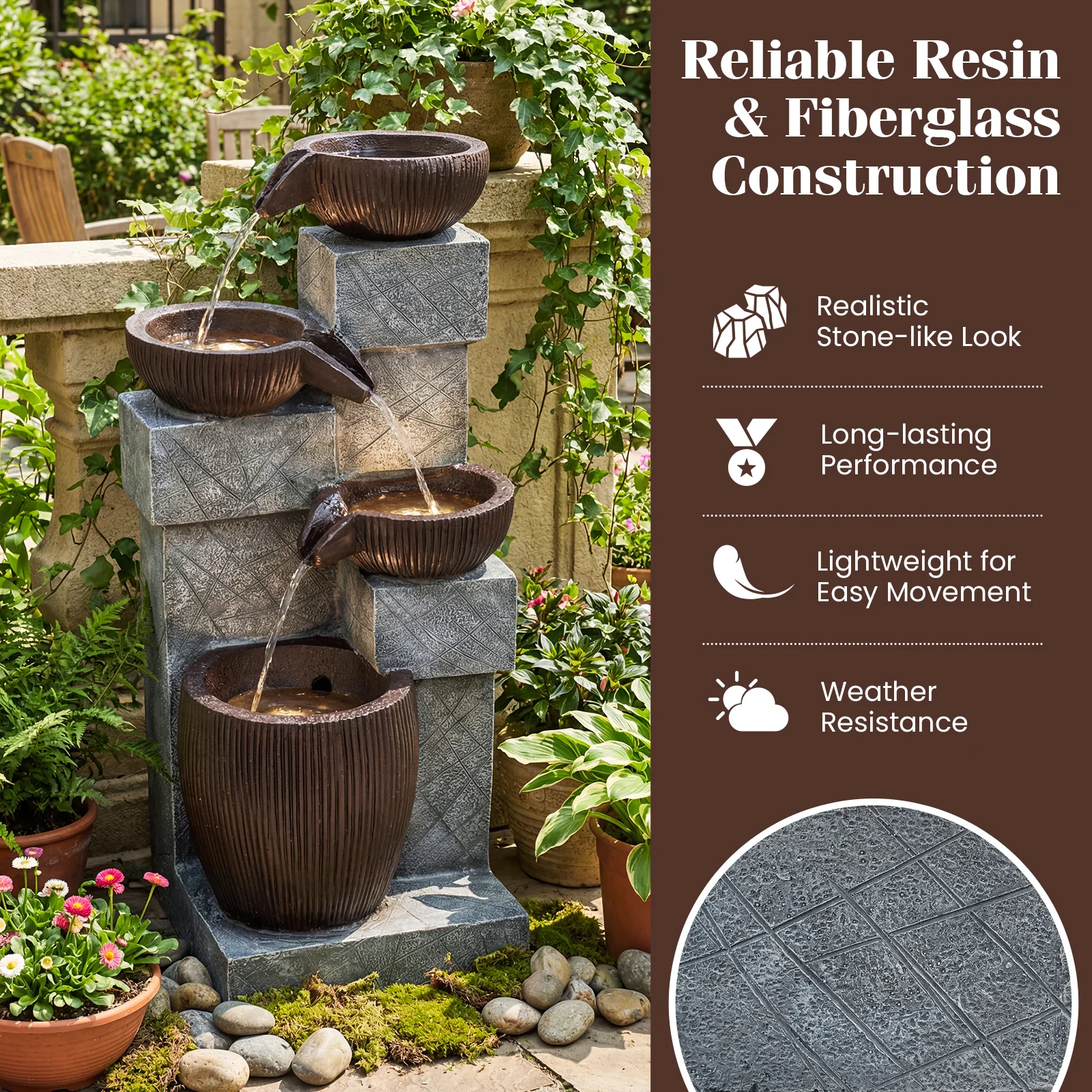 4-Tier Cascading Bowl Outdoor Water Fountain With LED Lights - Image 9