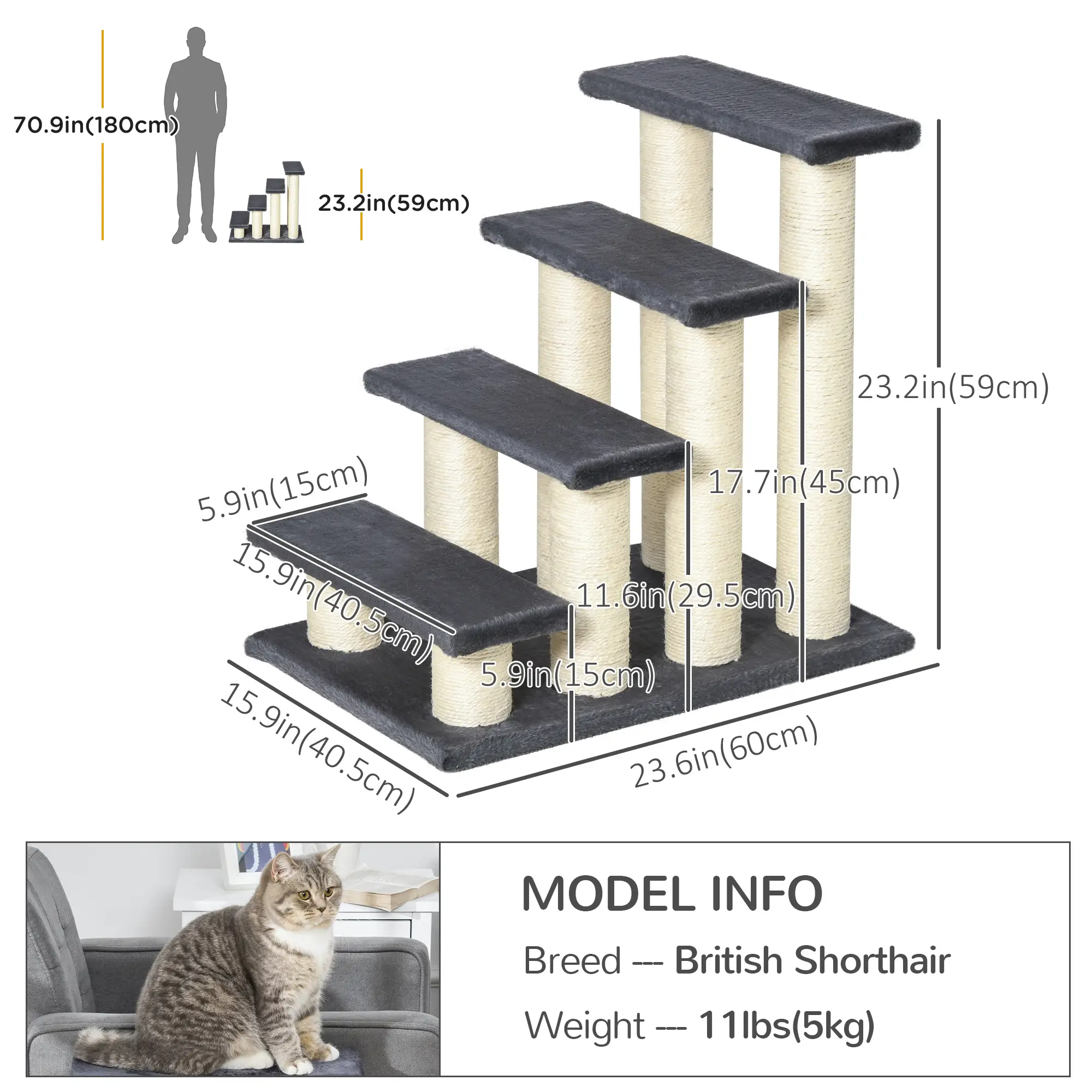 4 Tier Cat Tree, Pet Stairs, 4 Steps, Scratching Post, Dark Grey - Image 3