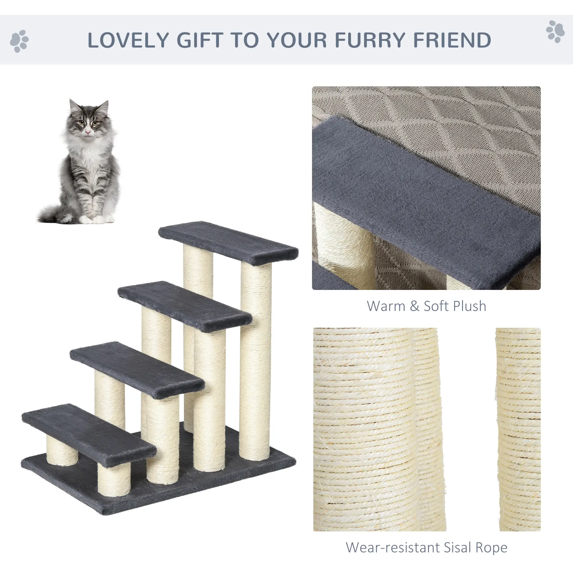 4 Tier Cat Tree, Pet Stairs, 4 Steps, Scratching Post, Dark Grey - Image 4