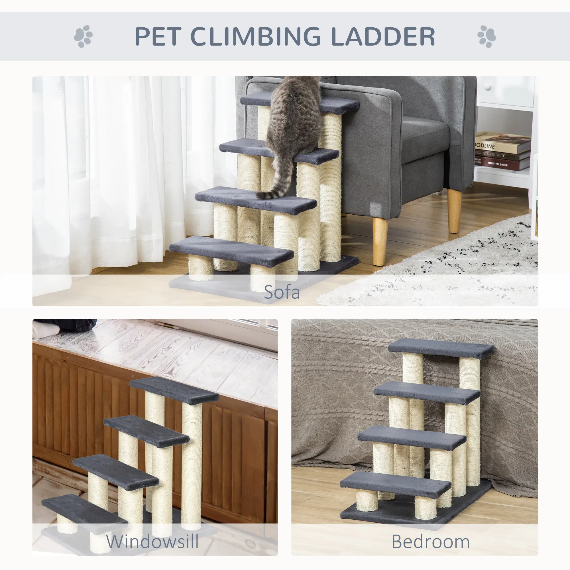 4 Tier Cat Tree, Pet Stairs, 4 Steps, Scratching Post, Dark Grey - Image 6