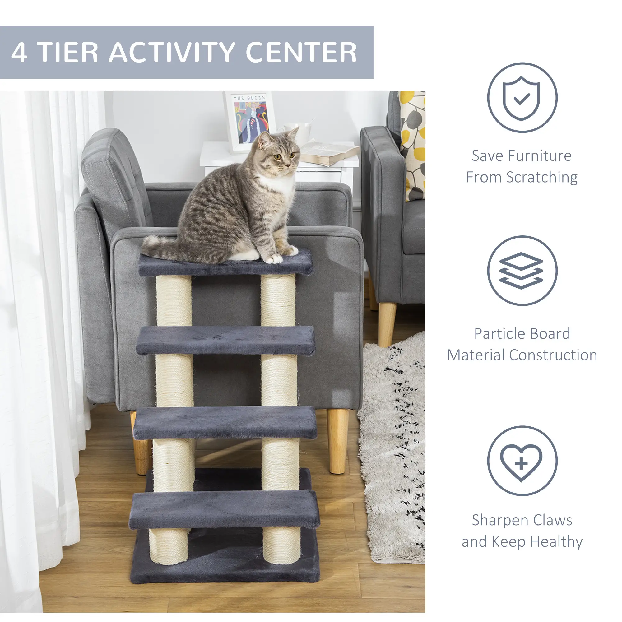 4 Tier Cat Tree, Pet Stairs, 4 Steps, Scratching Post, Dark Grey - Image 7