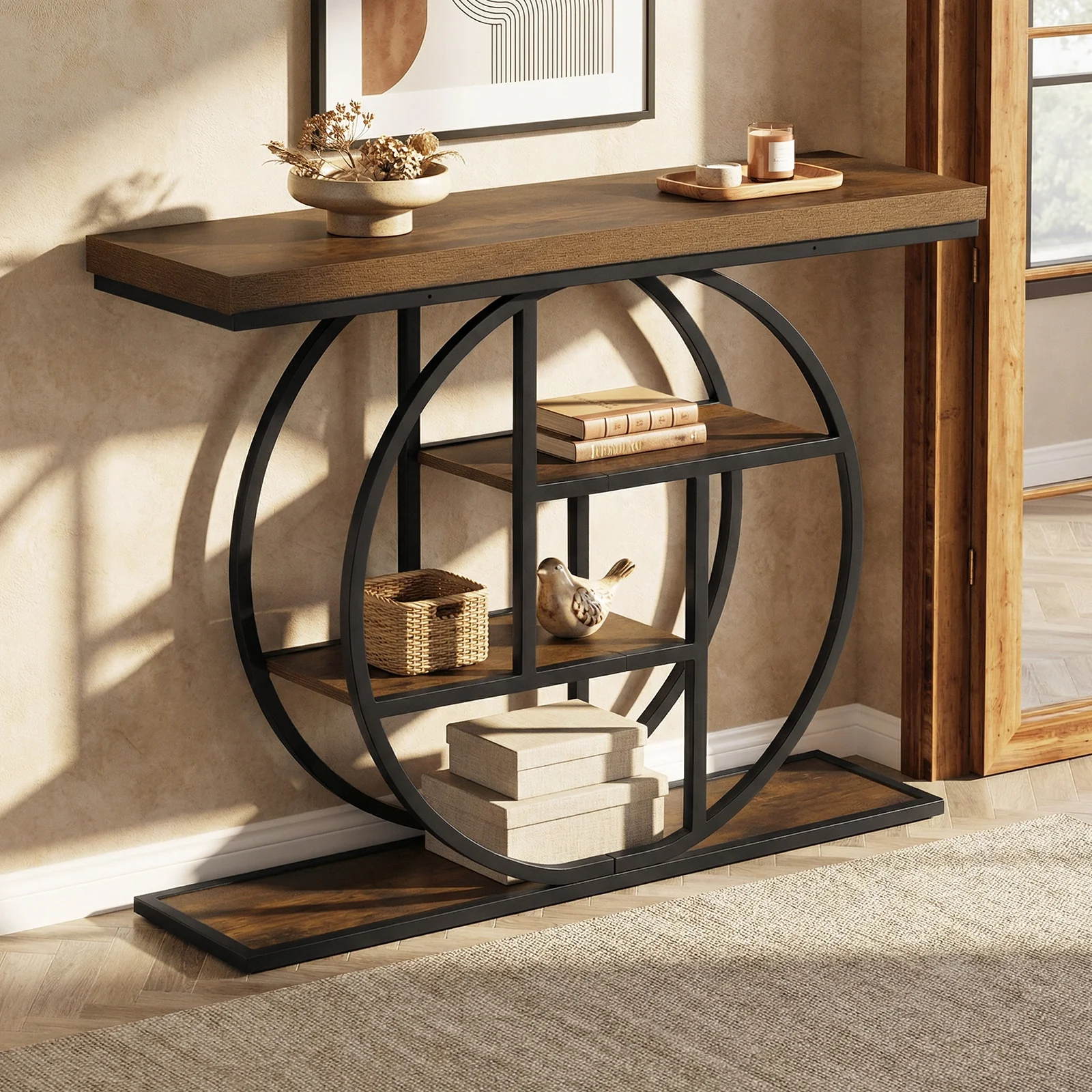 4-Tier Console Table, 41 Inches, Storage Shelves, Brown - Image 2
