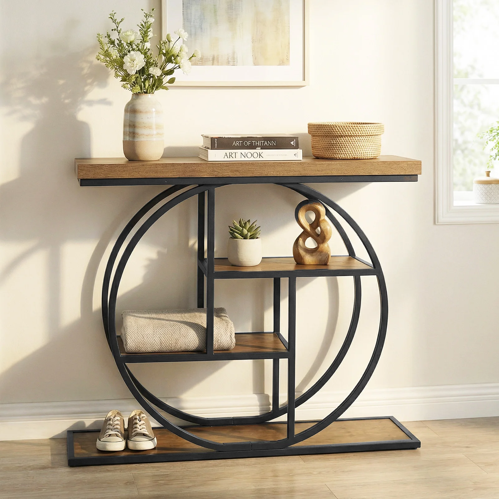 4-Tier Console Table, 41 Inches, Storage Shelves, Brown - Image 3