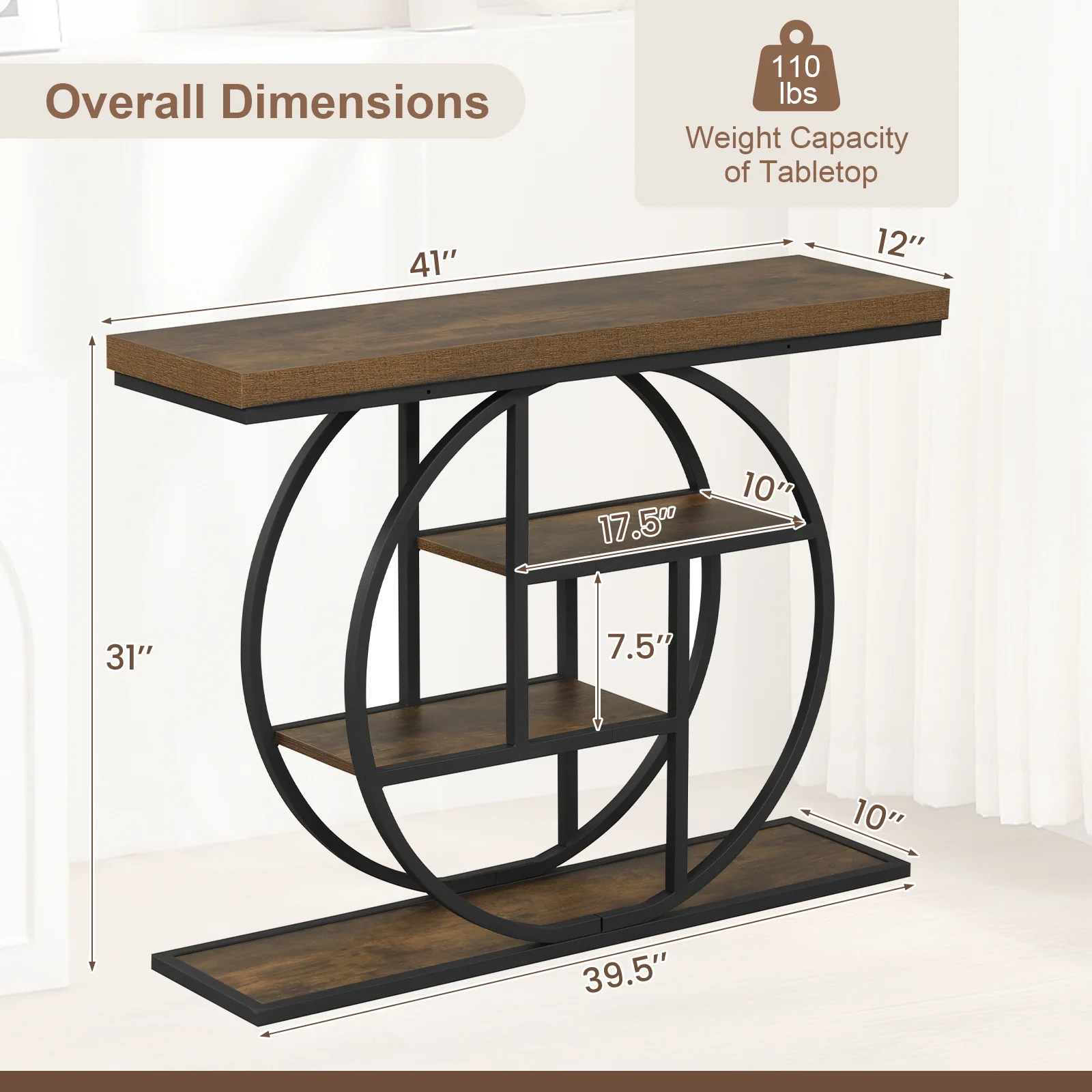 4-Tier Console Table, 41 Inches, Storage Shelves, Brown - Image 5