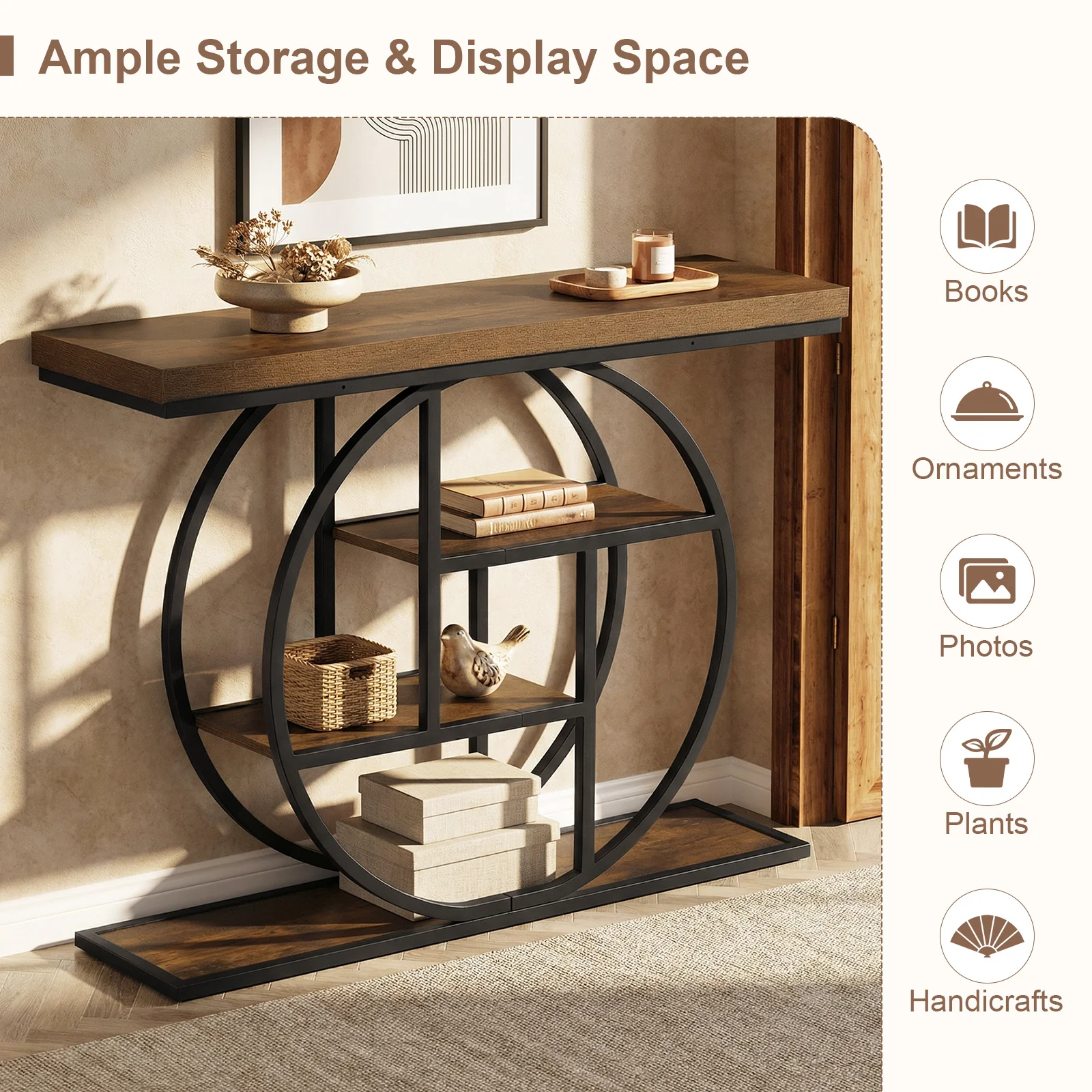 4-Tier Console Table, 41 Inches, Storage Shelves, Brown - Image 8