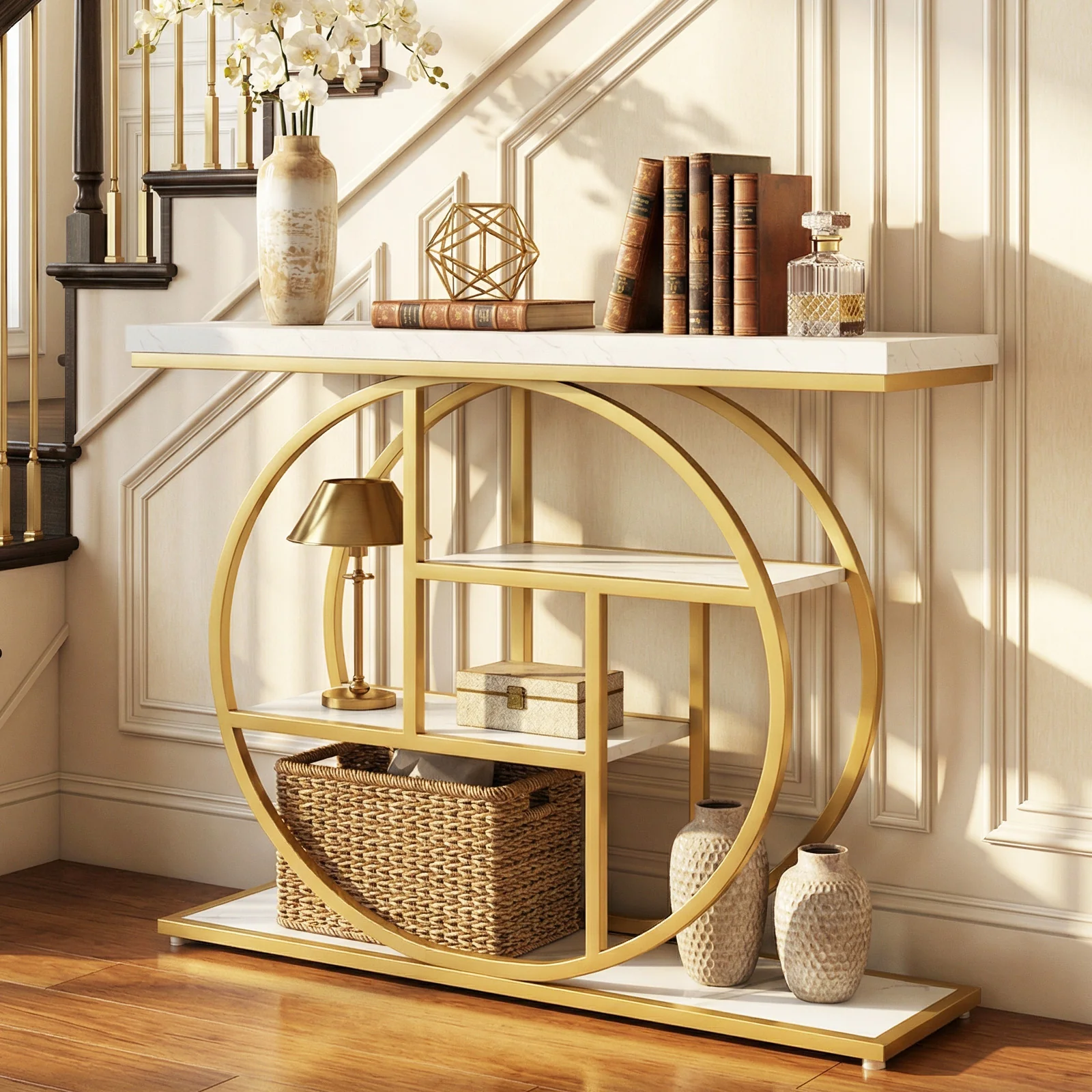 4-Tier Console Table, 41 Inches, Storage Shelves, White - Image 2