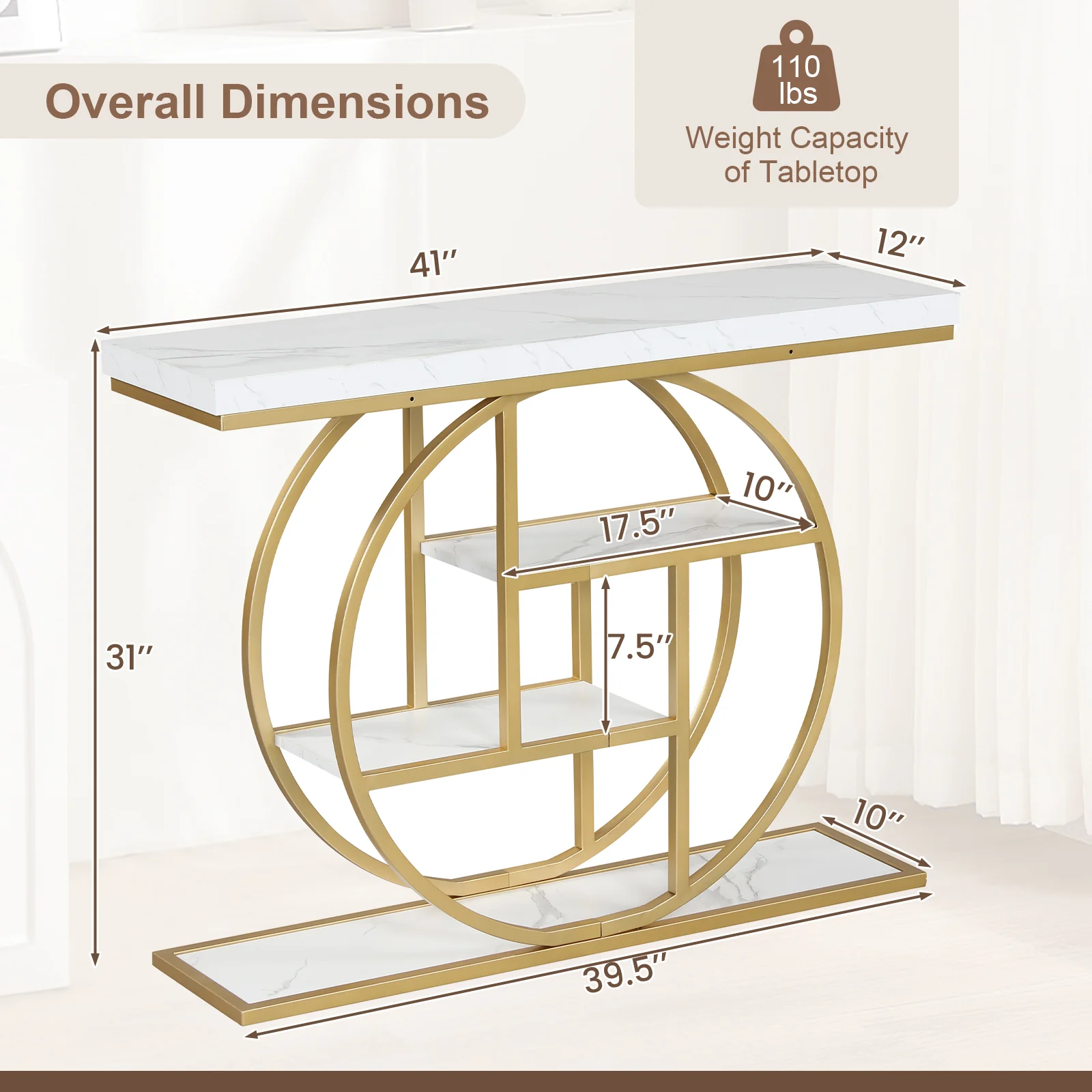 4-Tier Console Table, 41 Inches, Storage Shelves, White - Image 5