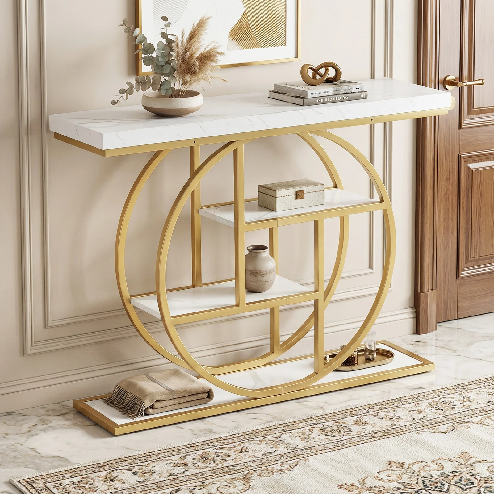 4-Tier Console Table, 41 Inches, Storage Shelves, White - Image 7