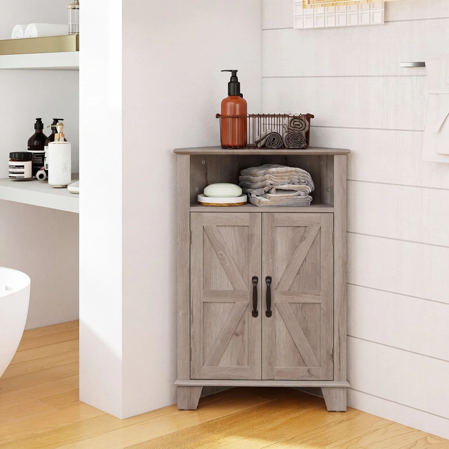4-Tier Corner Cabinet With Open Shelf, Gray - Image 2