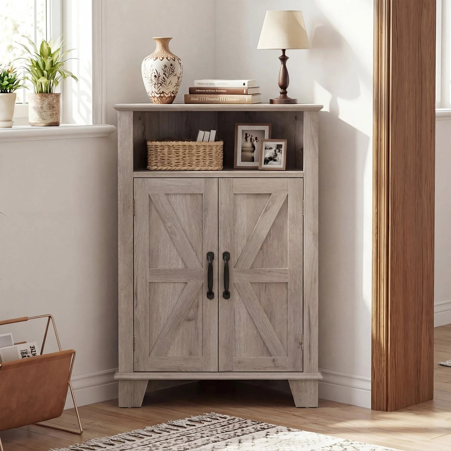 4-Tier Corner Cabinet With Open Shelf, Gray - Image 3