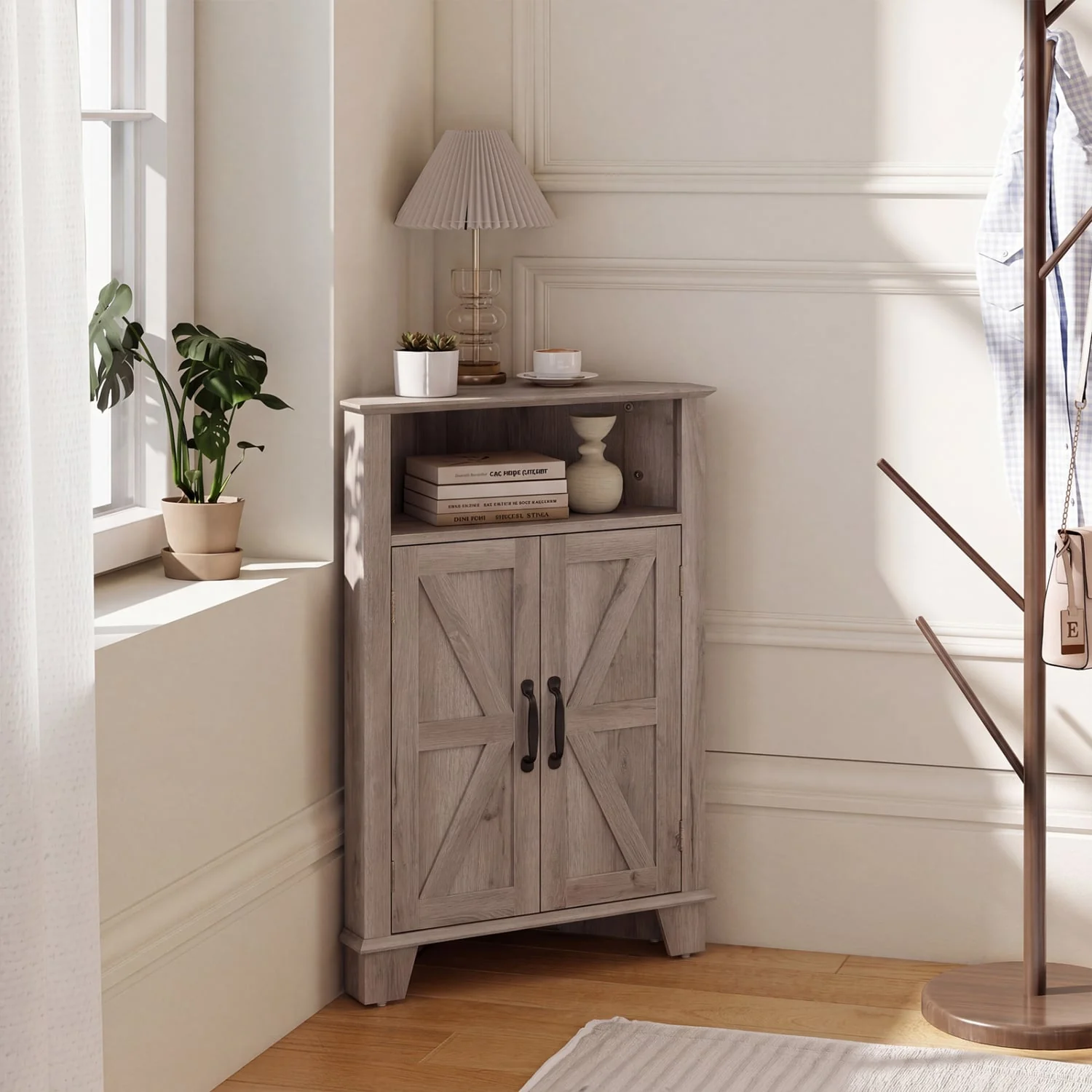 4-Tier Corner Cabinet With Open Shelf, Gray - Image 6