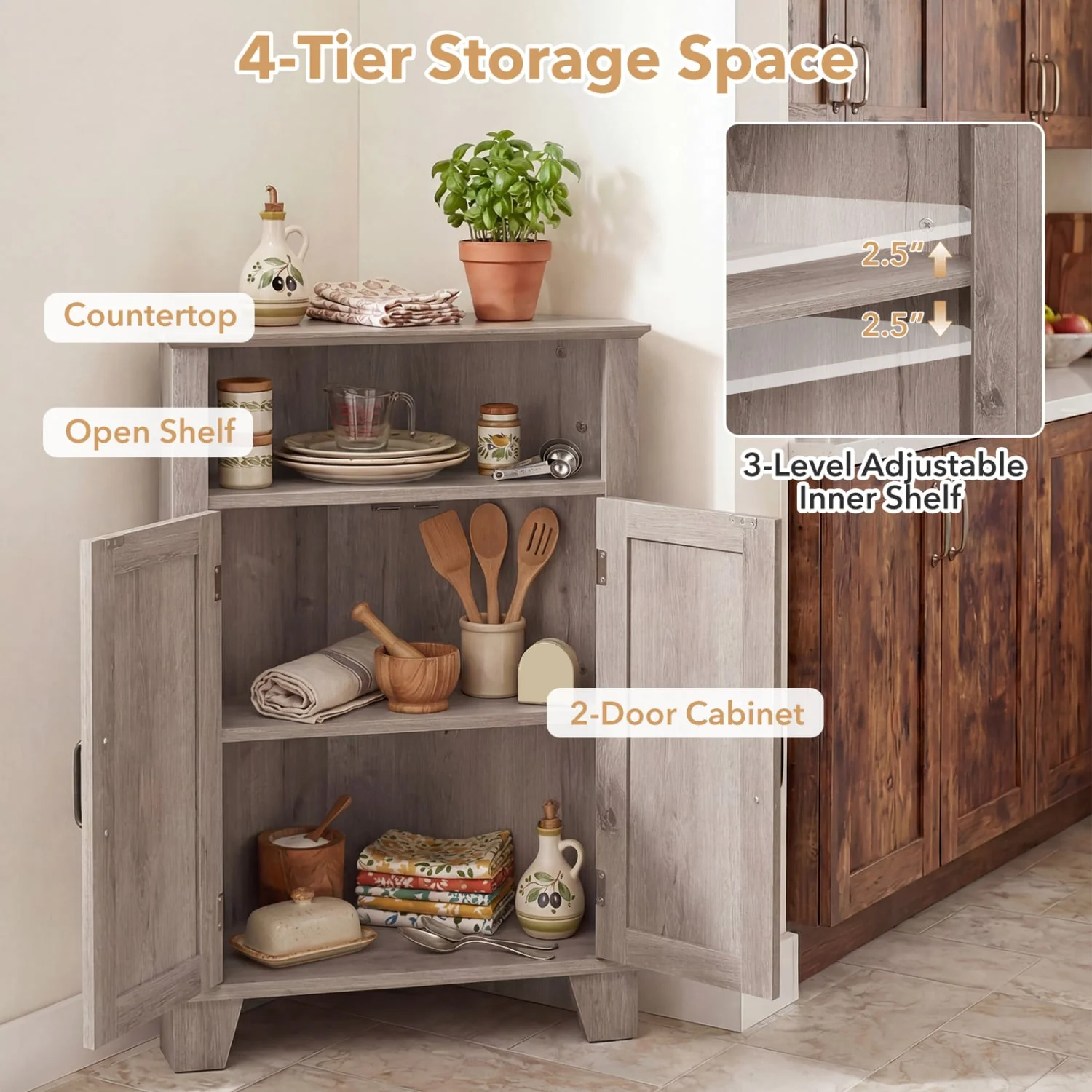 4-Tier Corner Cabinet With Open Shelf, Gray - Image 7