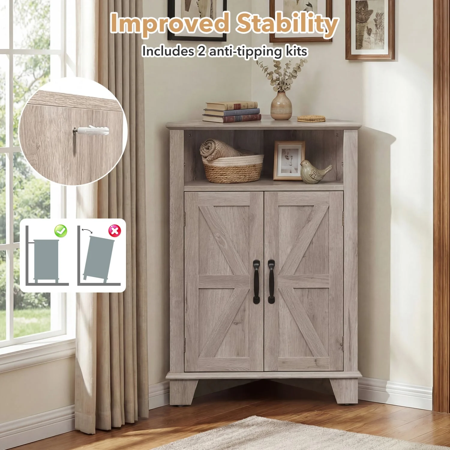 4-Tier Corner Cabinet With Open Shelf, Gray - Image 8
