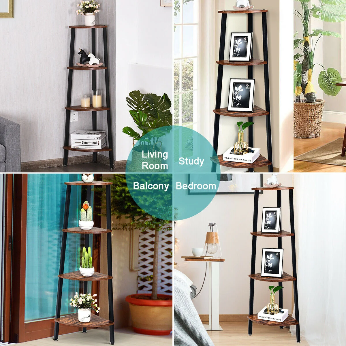 4-Tier Corner Shelf Metal Storage Rack, Black - Image 3