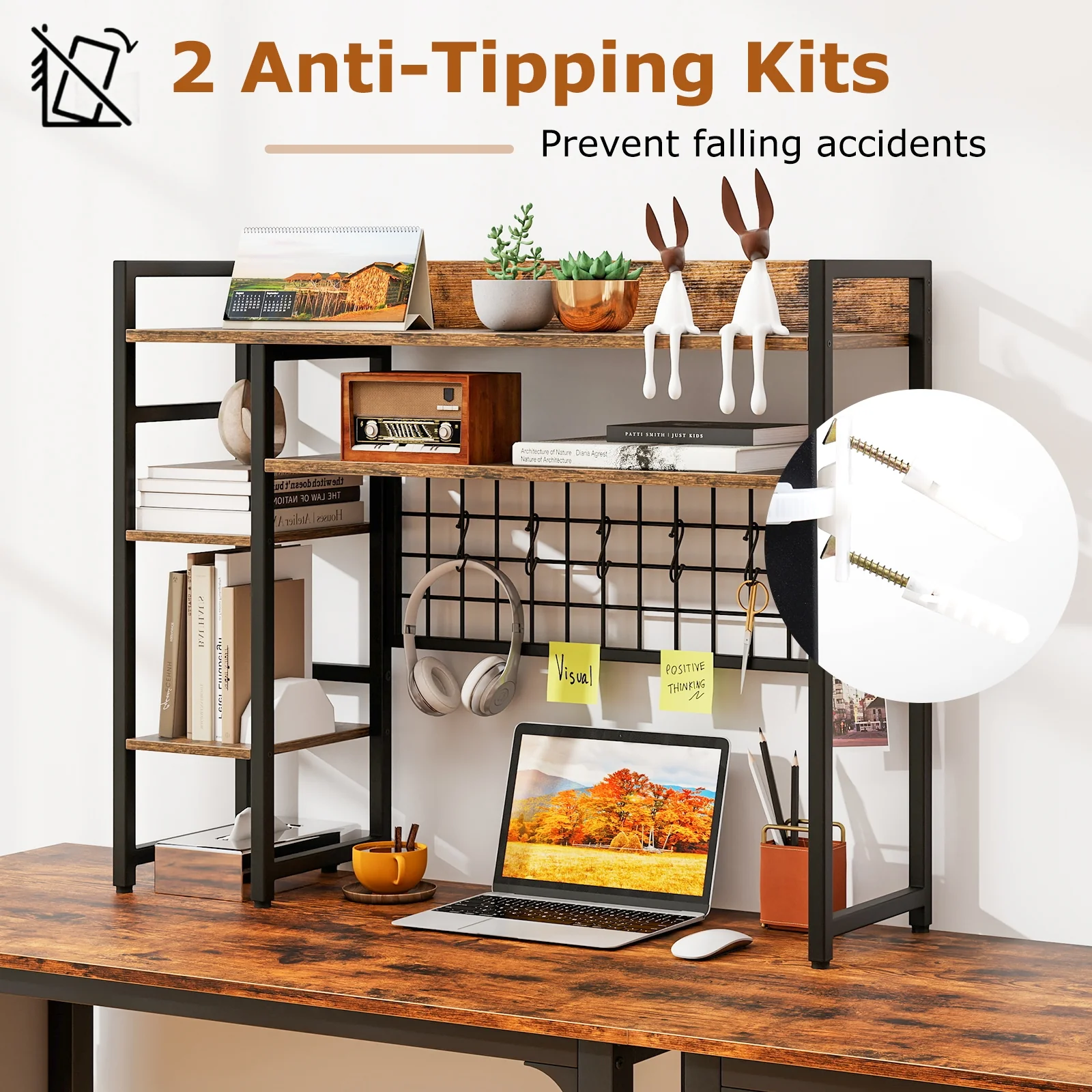 4-Tier Desk Shelf, Metal Grid Panel, 6 Hooks, Brown - Image 10