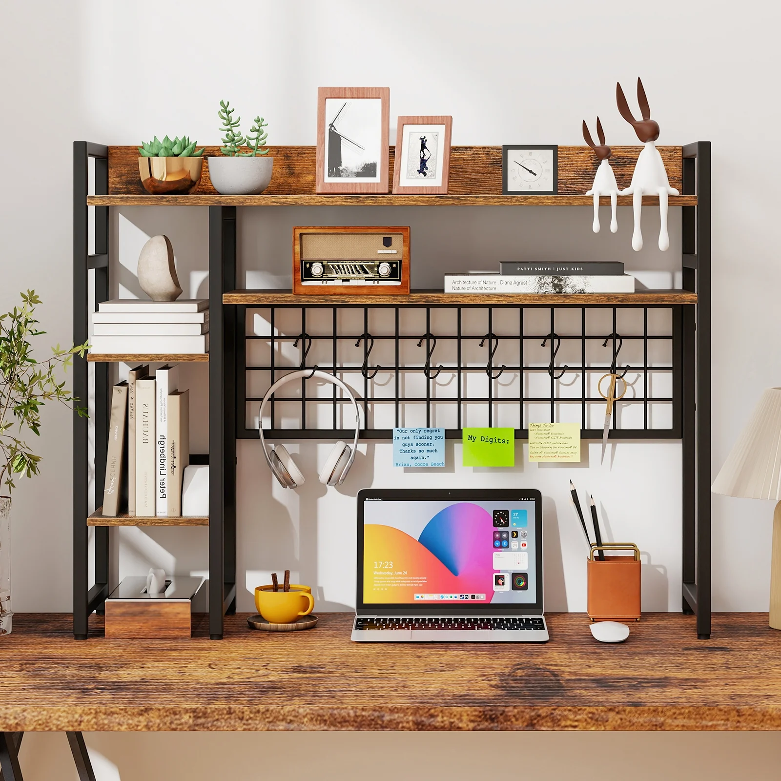 4-Tier Desk Shelf, Metal Grid Panel, 6 Hooks, Brown - Image 2